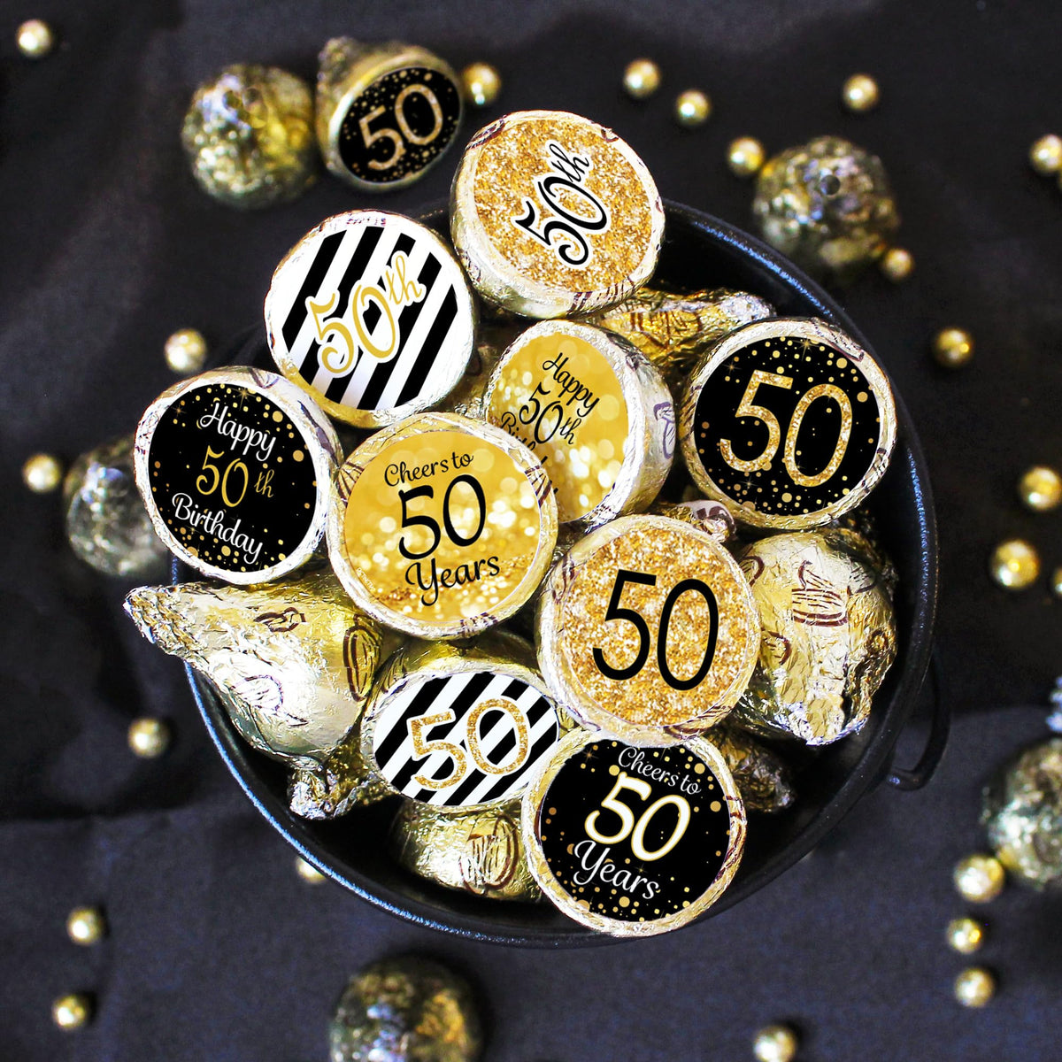 50th Birthday Candy Stickers, Black and Gold, 180 Count, 0.75" Round