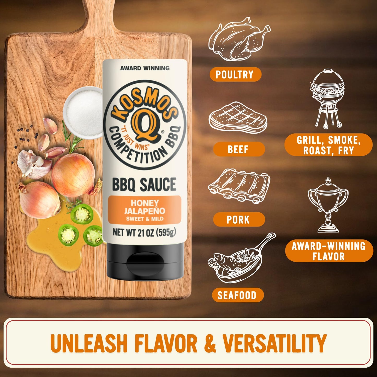Kosmos Q Honey Jalapeno BBQ Sauce, Father’s Day Gift for Him, Sweet & Spicy Barbecue Sauce for Ribs, Brisket, Pork & Chicken, Made with Real Honey