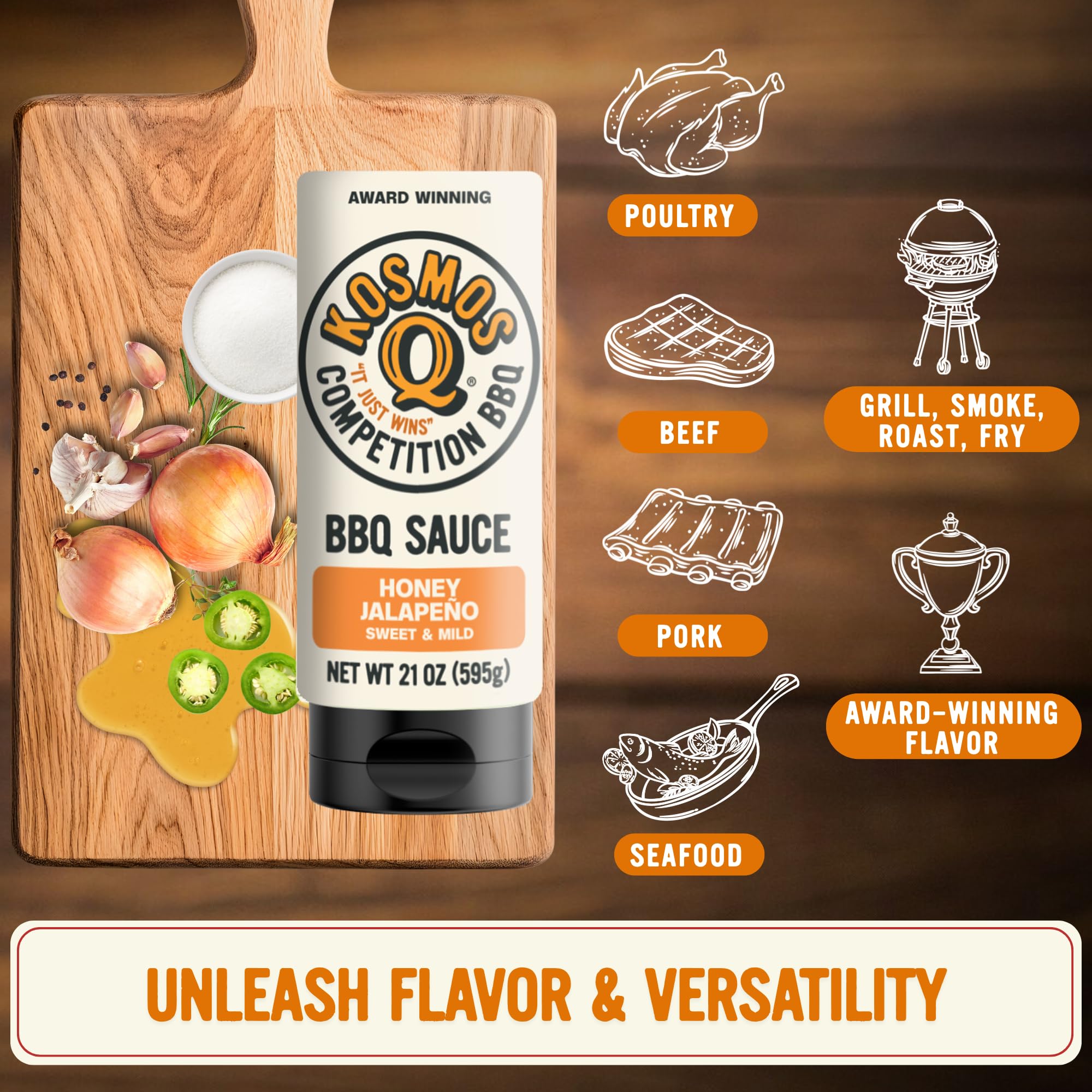 Kosmos Q Honey Jalapeno BBQ Sauce, Father’s Day Gift for Him, Sweet & Spicy Barbecue Sauce for Ribs, Brisket, Pork & Chicken, Made with Real Honey