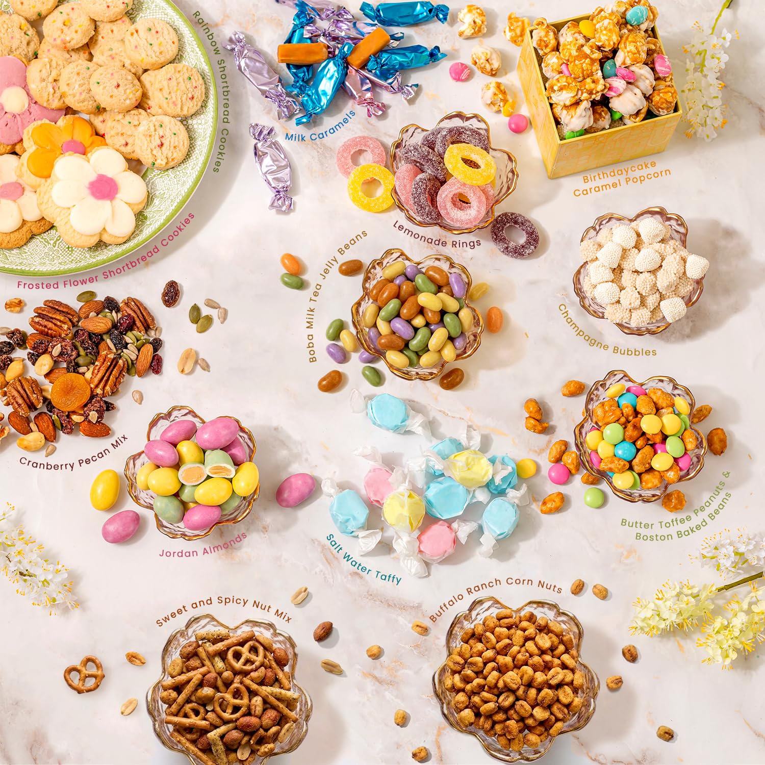 Gift Tower, Summer Candy Snack Gift Box Assortment with Cookies, Pretzels, Caramels, Nuts & Gourmet Treats - Gifts for Men, Women, Office, Employees