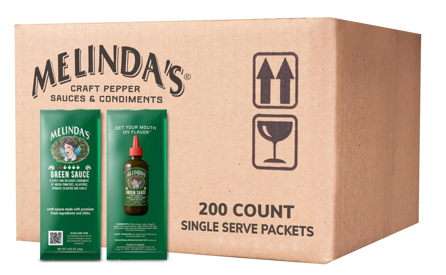 Melinda’s Green Sauce Packets - 200 Count (.42 Oz Each) - Hot Sauce Packets Single Serve for Travel, Party, Business - Convenient Individual Condiment