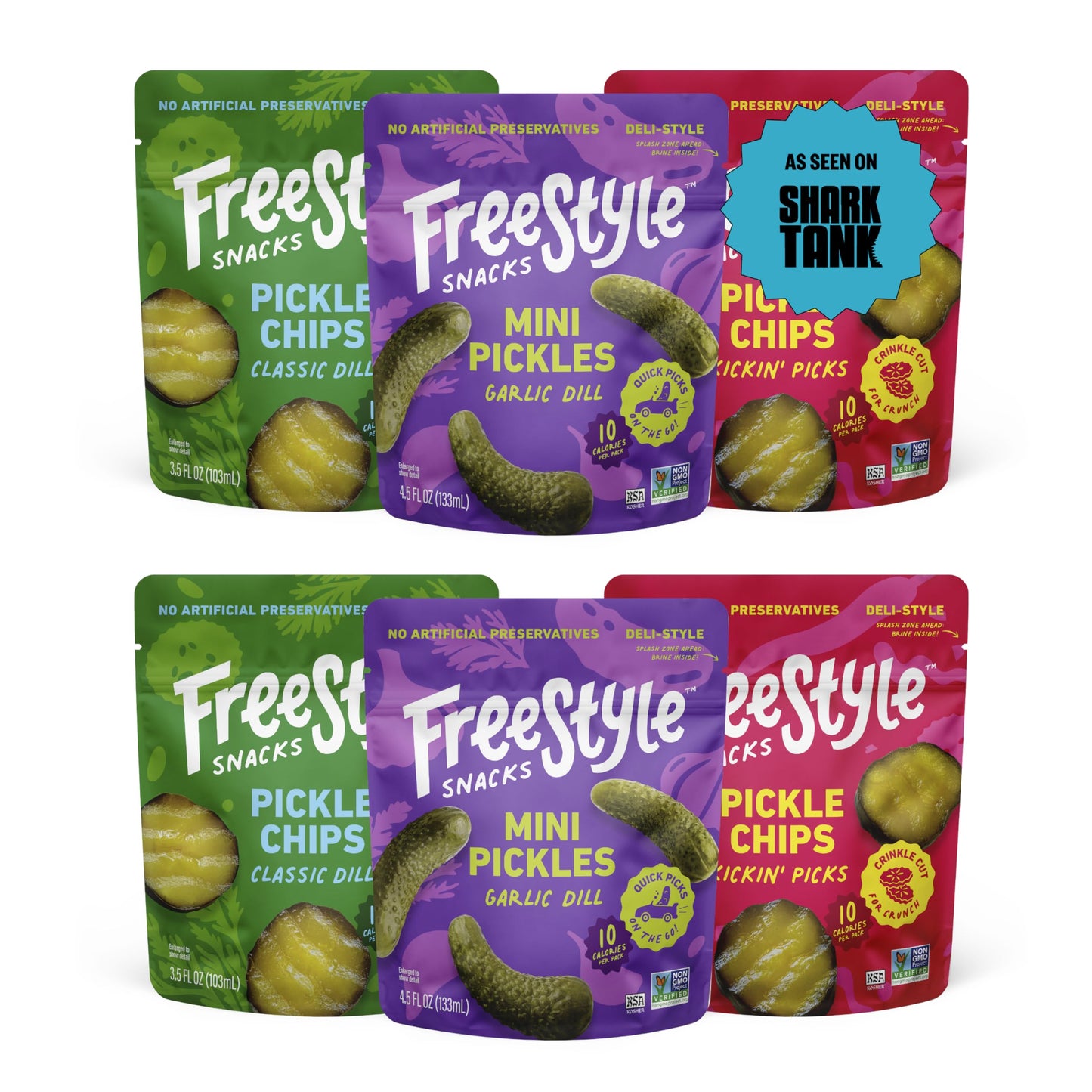 Freestyle Snacks Pickle Variety Snack Packs - 3 Flavors of All Natural, Fresh-Packed Deli-Style Pickles - Non-GMO, Kosher, Gluten-Free, Low Calorie
