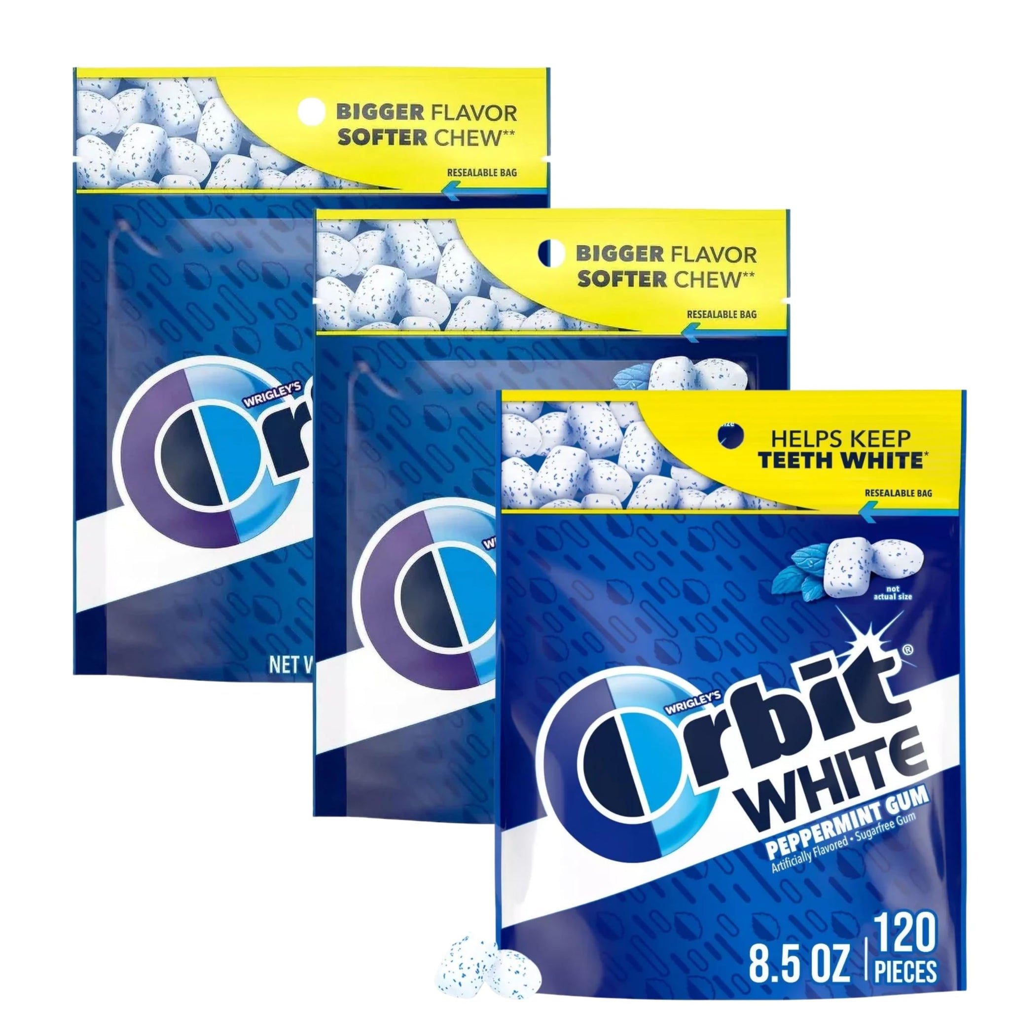 ASSORTIT X Orbit White Peppermint Sugar Free Gum, 3 Pack, 120 Pieces Per Bag, 360 Pieces Total, Resealable Bags