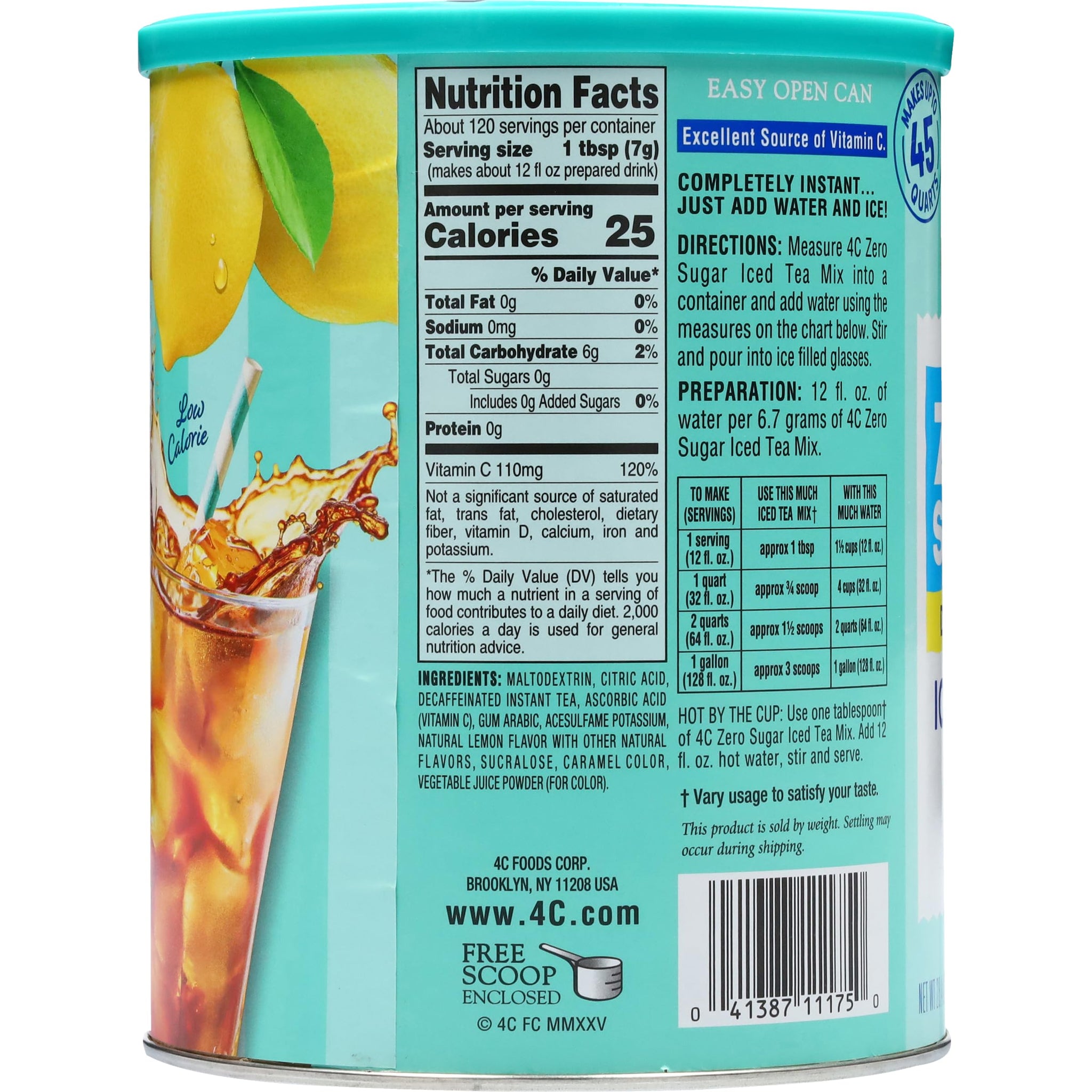 4C Zero Sugar Powdered Drink Mix Cannisters, Zero Sugar Decaffeinated Iced Tea, 45 Quarts, Family Sized Cannister, Low Calorie, Thirst Quenching