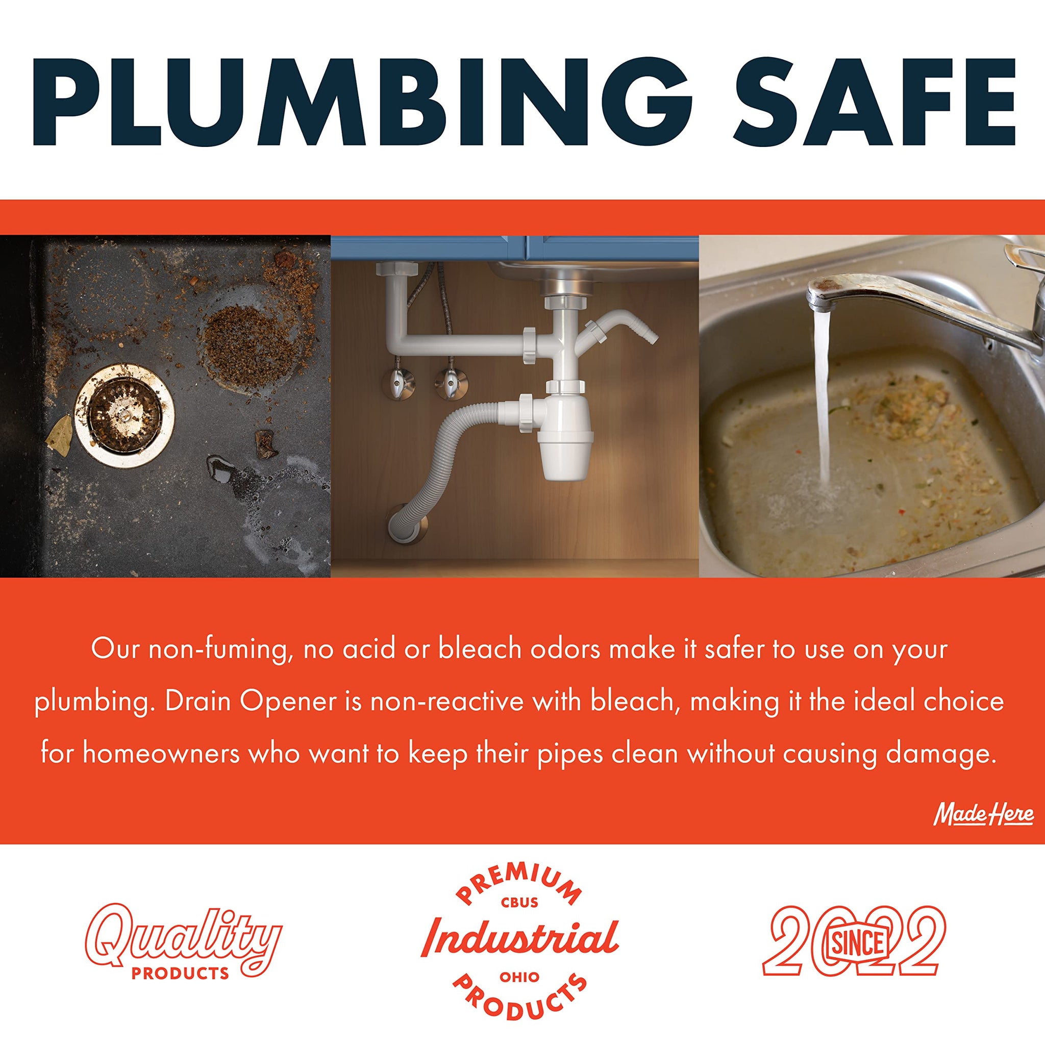 Made Here Co. - Quick-Acting Liquid Drain Opener - Dissolves Grease, Hair, Food & More - Prevents Plumbing Problems - Non-Fuming, No Acid or Bleach