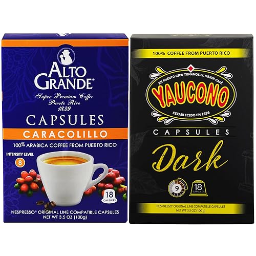 Alto Grande Caracolillo & Yaucono Dark Roast Coffee Capsules, Variety Pack, 36 Ct, Nespresso Original Line Compatible, Puerto Rico Single Serve