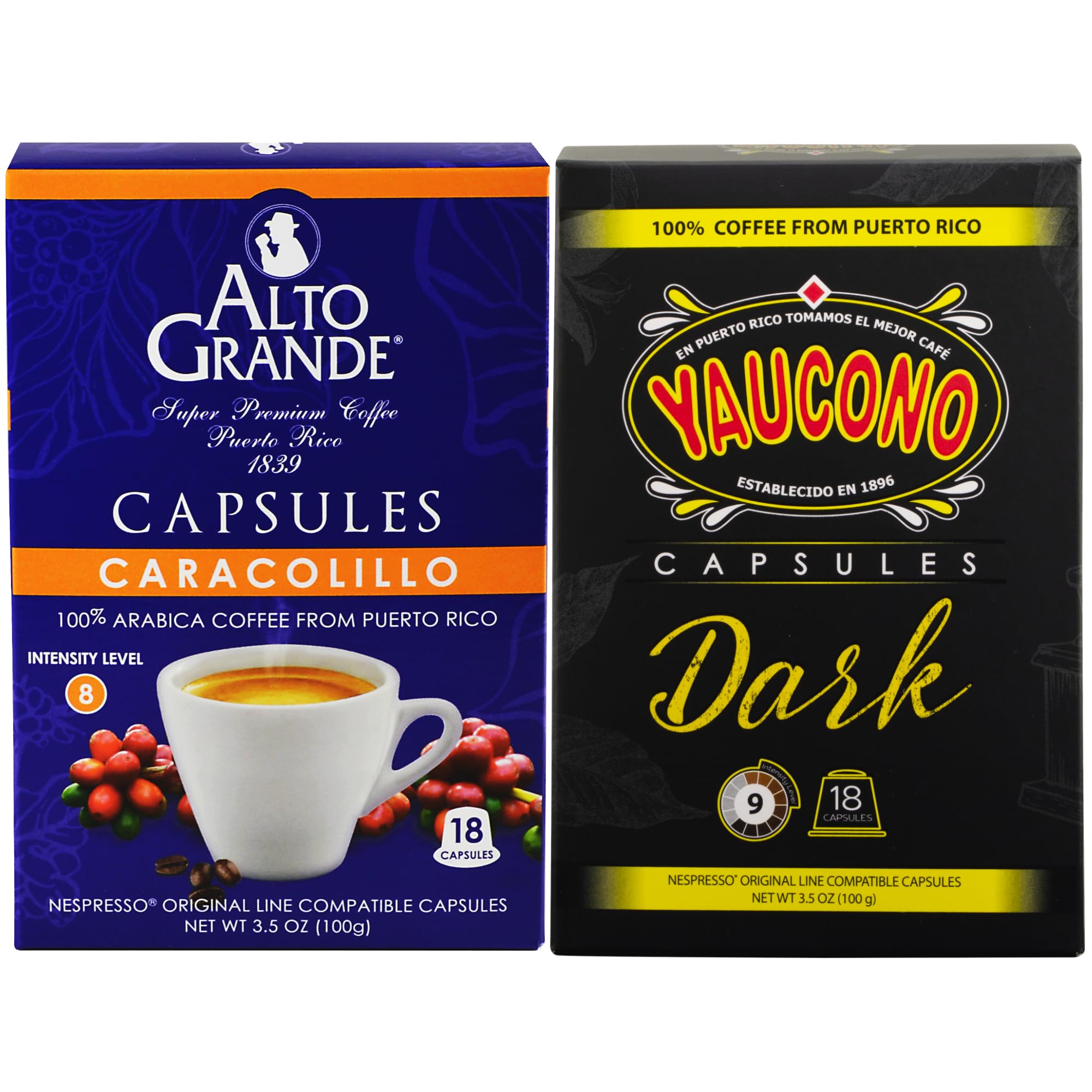 Alto Grande Caracolillo & Yaucono Dark Roast Coffee Capsules, Variety Pack, 36 Ct, Nespresso Original Line Compatible, Puerto Rico Single Serve