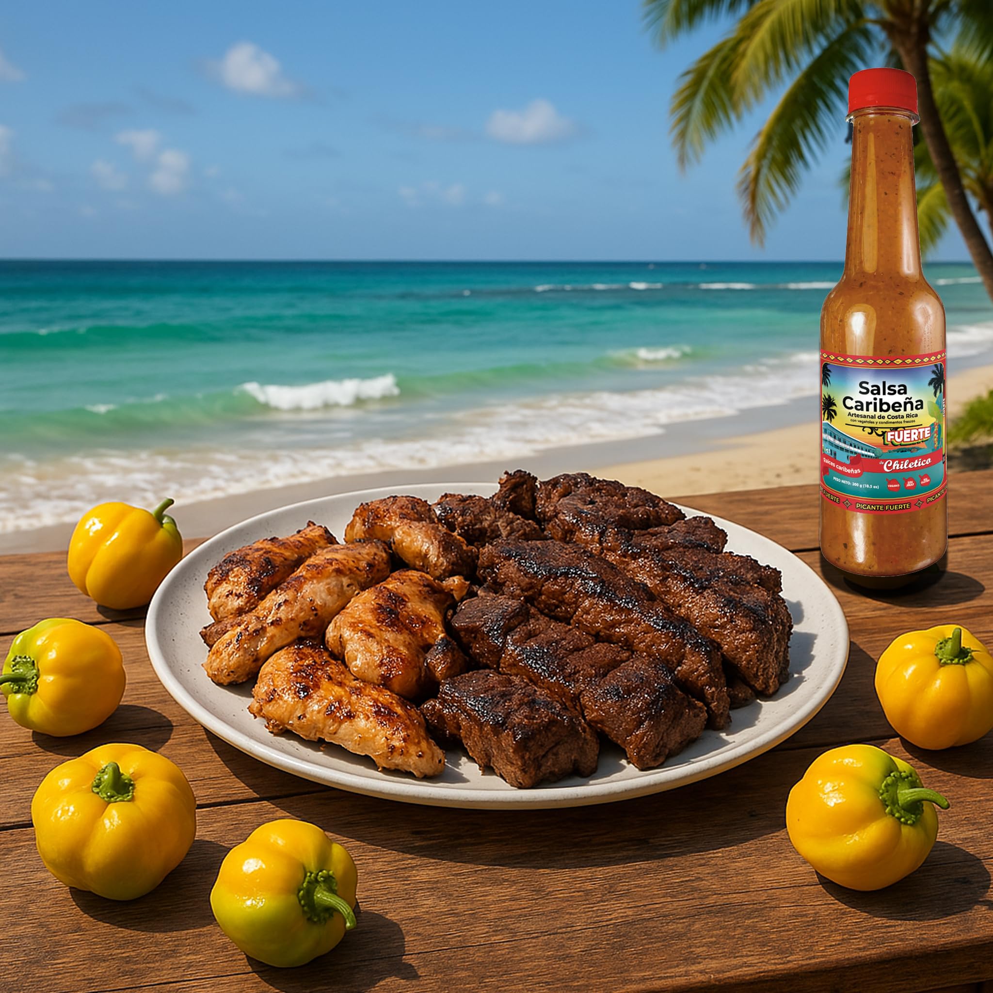 Chiletico Caribbean Hot Sauce, Strong Heat Level Handcrafted from Costa Rica with Fresh Vegetables and Natural Spices - Gourmet Flavor, 10.5 fl oz