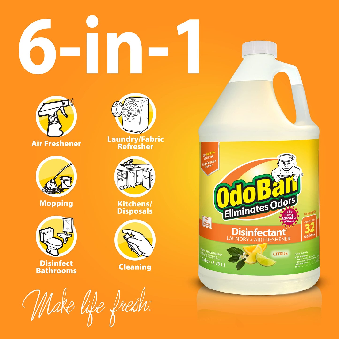 OdoBan Aroma Eliminator Set, Made in the USA, 10 Ounce Natural Oil Real Citrus Orange Air Freshener Spray, 1 Gallon Multipurpose Disinfectant Cleaning
