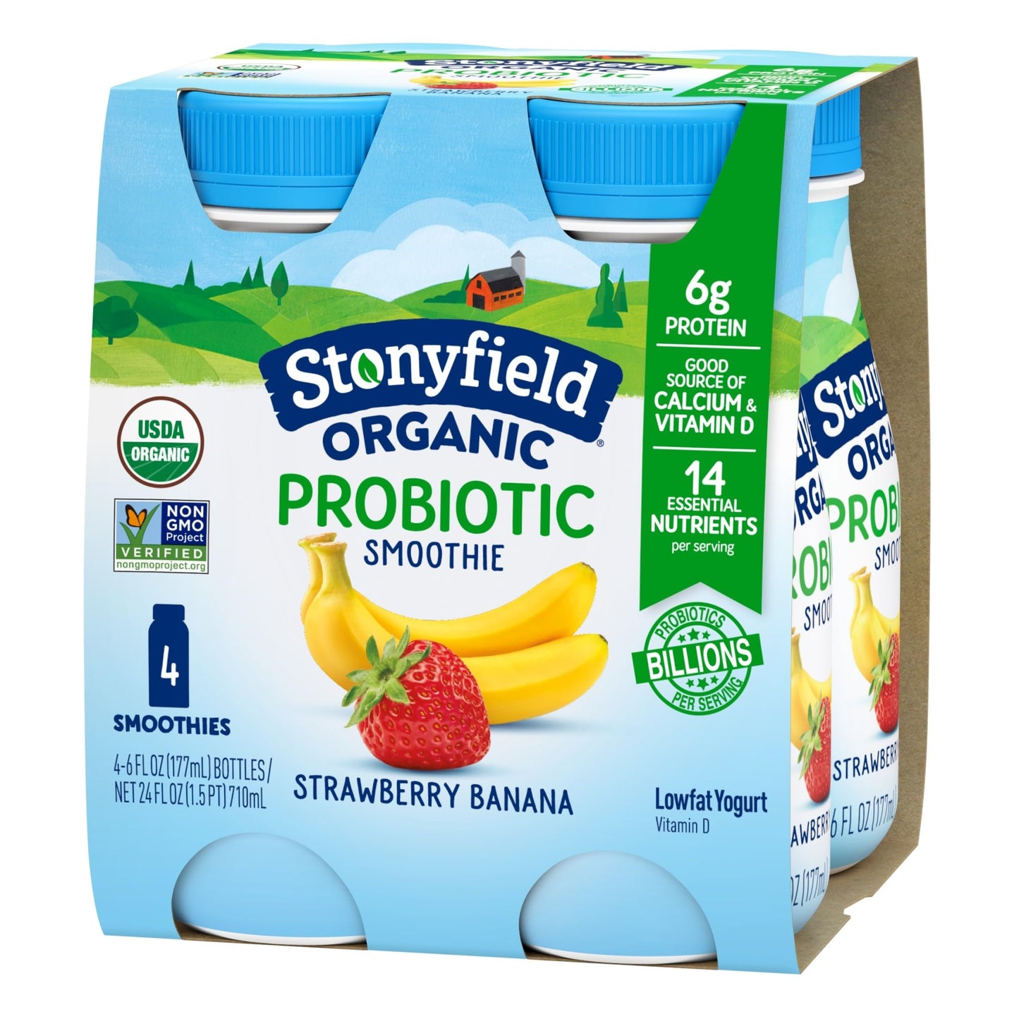 Stonyfield Farm Strawberry Banana Probiotic Smoothie, 6 Fl Oz, 4 Pack