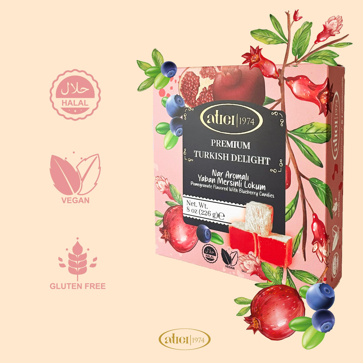 Atici Lokum Authentic Turkish Delight 8oz - Gourmet Vegan Sweets, Gluten-Free, Halal Soft Chewy Candy Gift Box | Traditional Premium Lokum Loukoumi