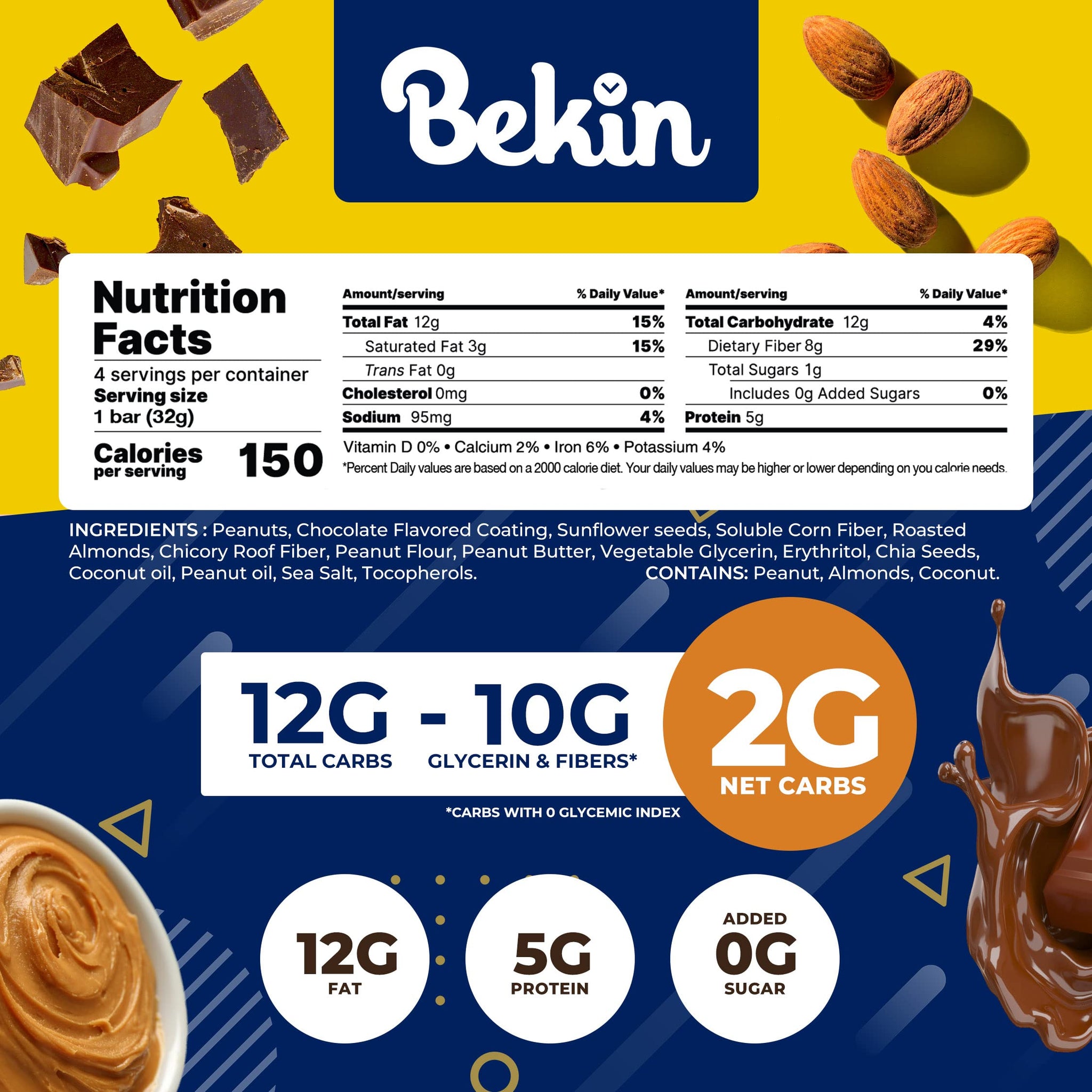 MINI Dark Chococolate Peanut Keto MINI Nuts&Seed Bar - Pack of 4 - Low Carb, No Added Sugar, Pack with Protein, High Fiber 1.12oz Bar
