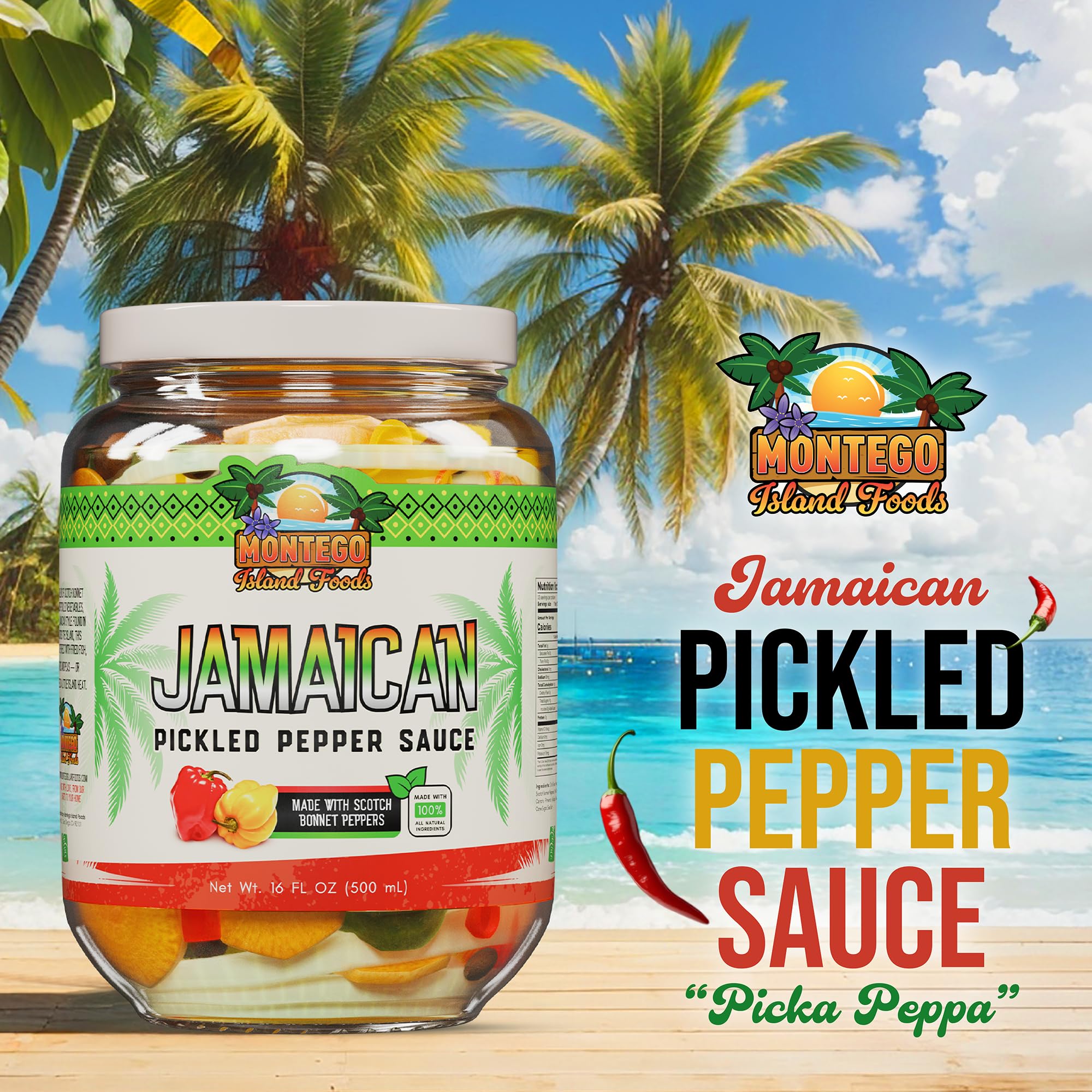 Montego Island Foods Jamaican Pickled Pepper Sauce - Hand Picked & Hand Packed - Authentic Jamaican Escovitch Sauce - Scotch Bonnet Pepper Sauce - 16