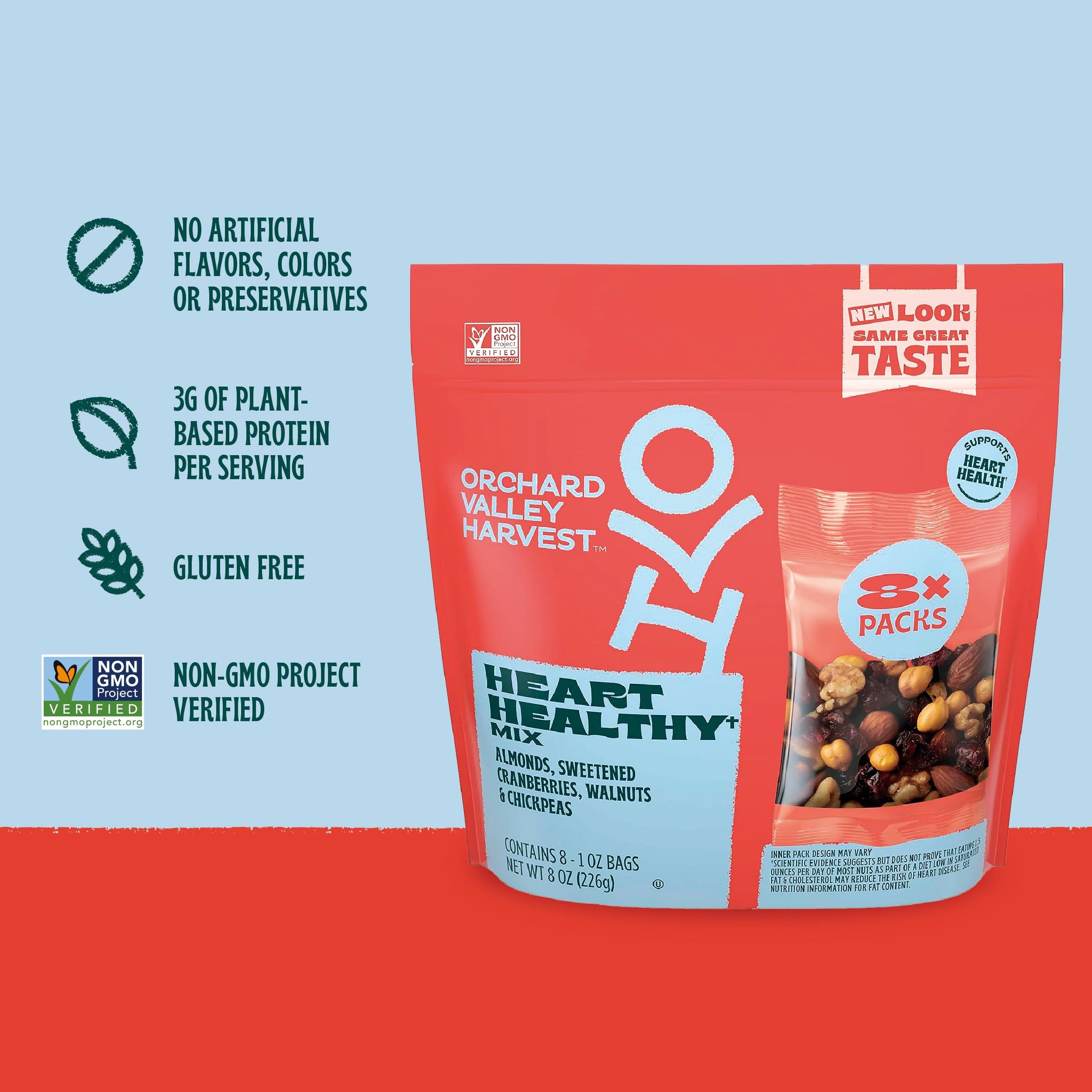 Orchard Valley Harvest Heart Healthy Blend, 1 Ounce Bags (Pack of 8), Almonds, Cranberries, Walnuts, and Chickpeas, Gluten Free, Non-GMO, No