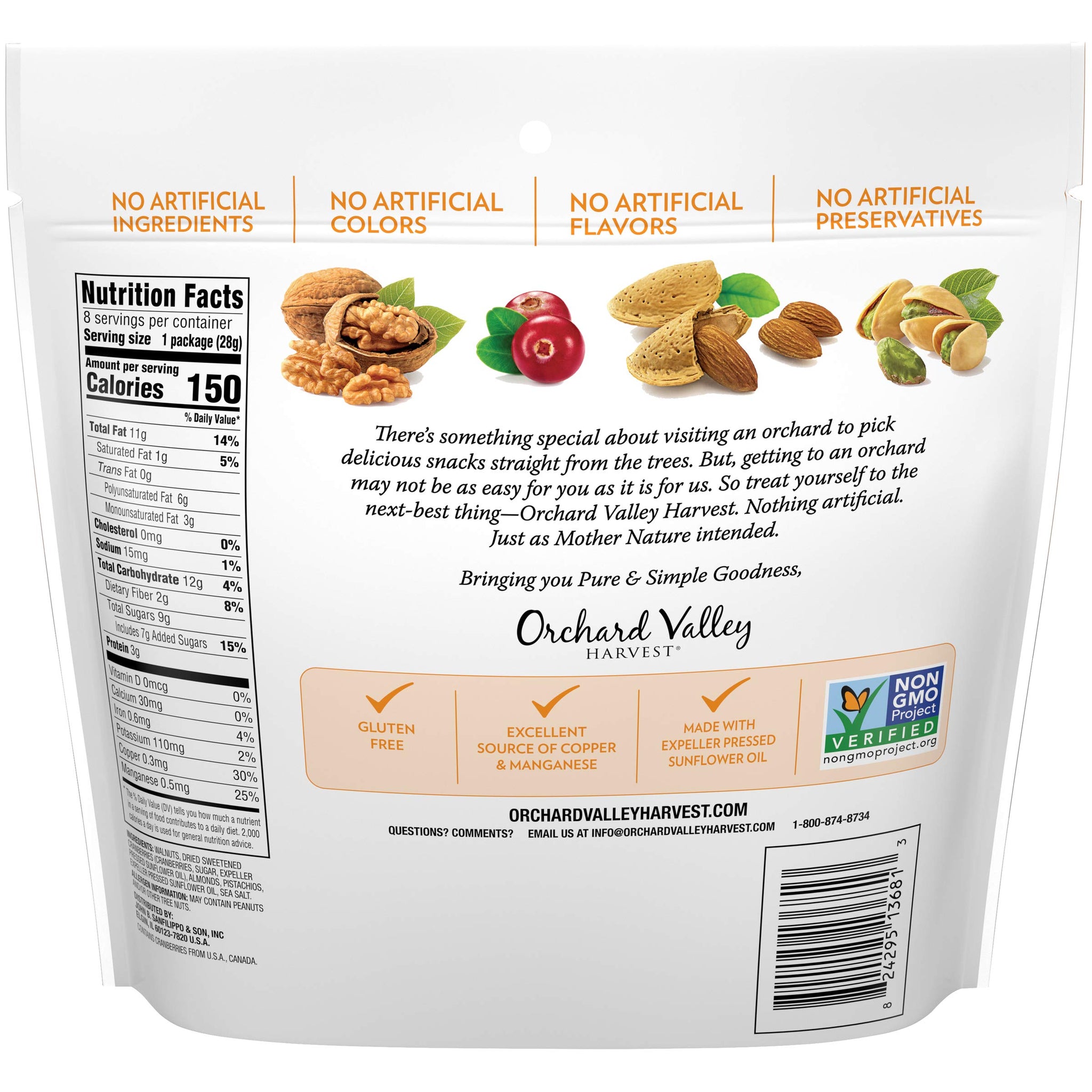 Orchard Valley Harvest Omega-3 Mix, 1 Ounce Bags (Pack of 8), Walnuts, Cranberries, Almonds, and Pistachios, Gluten Free, Non-GMO, No Artificial