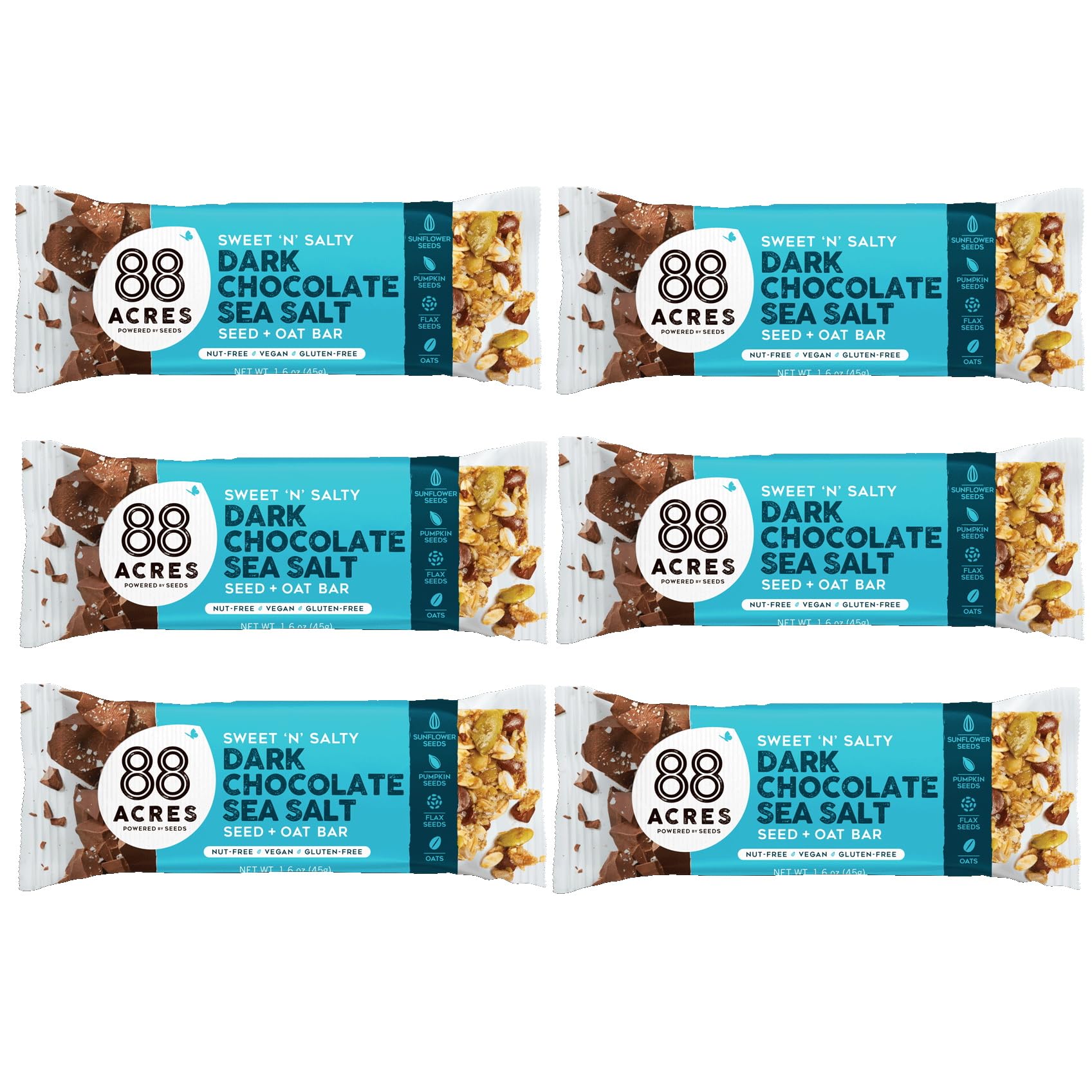88 Acres Granola Bars, Dark Chocolate Sea Salt, 6 Count, School Safe, Allergen Free Seed & Oat Snack Bar, Gluten & Nut Free, Vegan, Non-GMO & Kosher