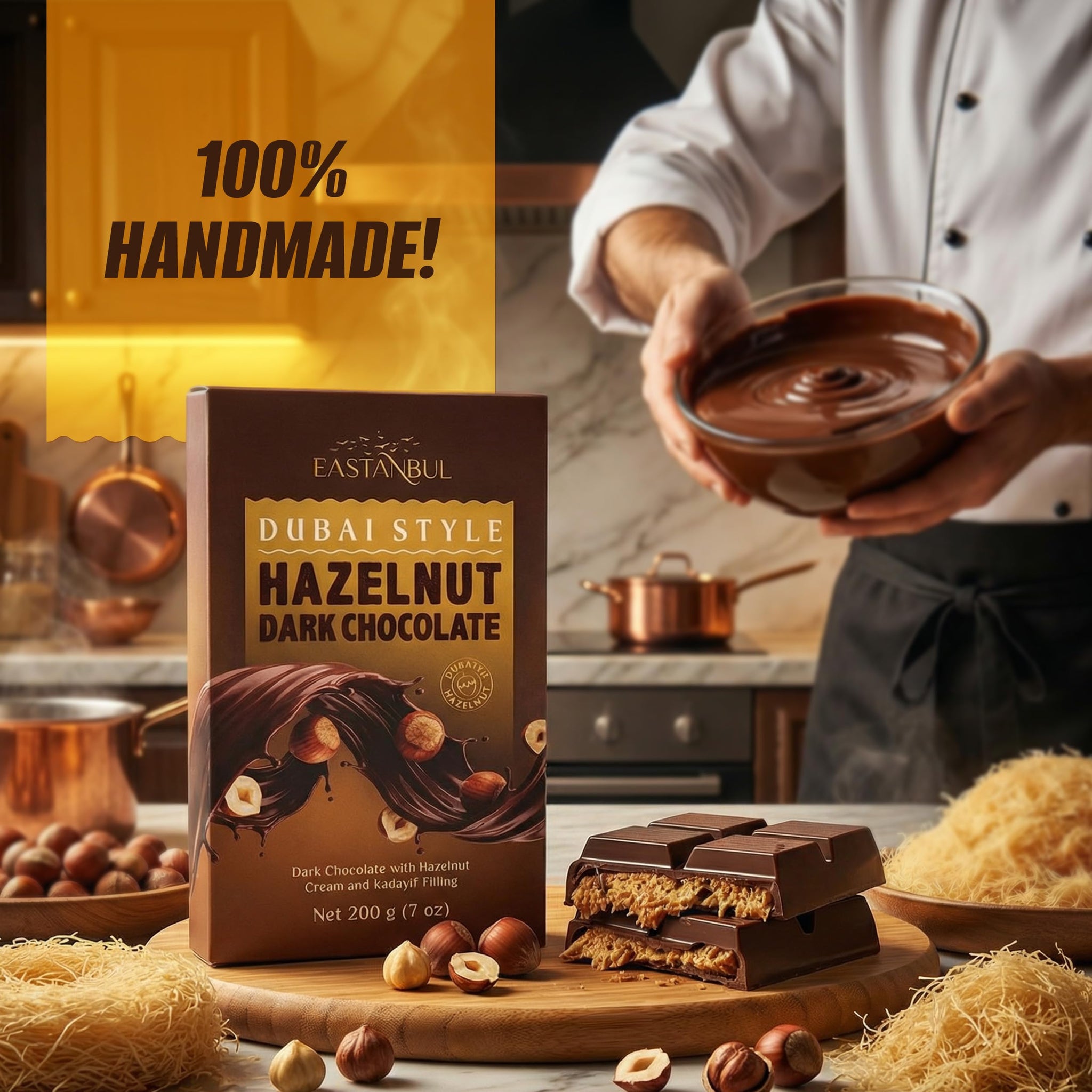 Eastanbul Dubai Dark Chocolate Bar Hazelnut, 7oz, Premium Belgium Dark Hazelnut Dubai Chocolate Bar, Viral Candy with Shredded Phyllo Dough, Knafeh