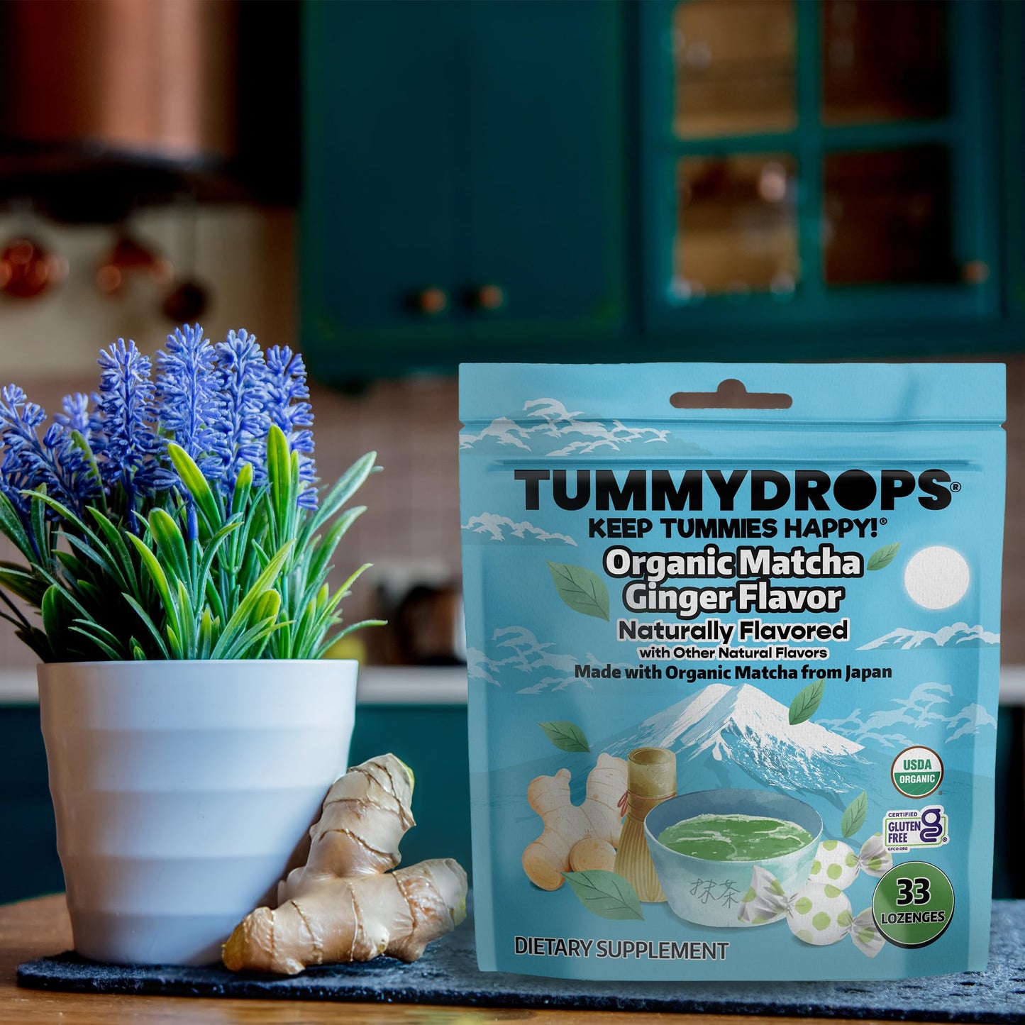 USDA Organic Matcha Ginger Tummydrops, Gluten Free & Vegan, 33 Individually Wrapped Drops in a Resealable Bag