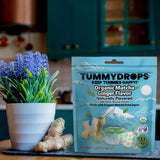 USDA Organic Matcha Ginger Tummydrops, Gluten Free & Vegan, 33 Individually Wrapped Drops in a Resealable Bag