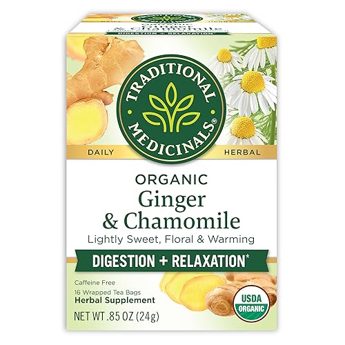Traditional Medicinals Tea, Organic Ginger & Chamomile - Occasional Nausea & Indigestion Relief - Kosher, Non-GMO, Caffeine-Free - 16 Tea Bags
