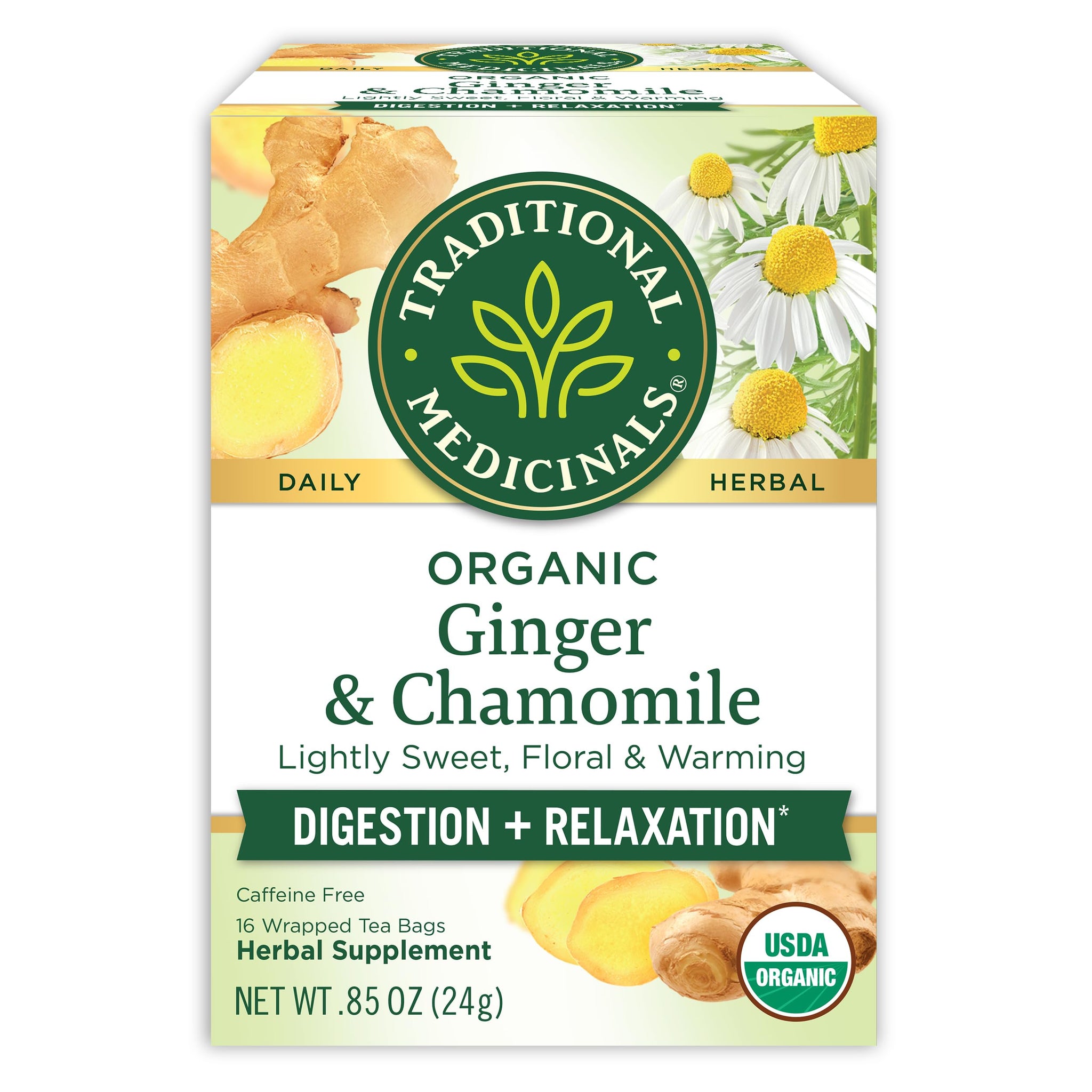 Traditional Medicinals Tea, Organic Ginger & Chamomile - Occasional Nausea & Indigestion Relief - Kosher, Non-GMO, Caffeine-Free - 16 Tea Bags