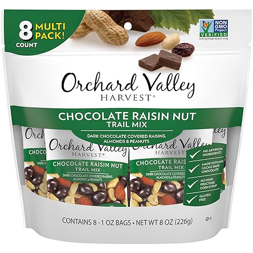 ORCHARD VALLEY HARVEST Chocolate Raisin Nut Trail Mix, 1 oz (Pack of 8), Non-GMO, No Artificial Ingredients