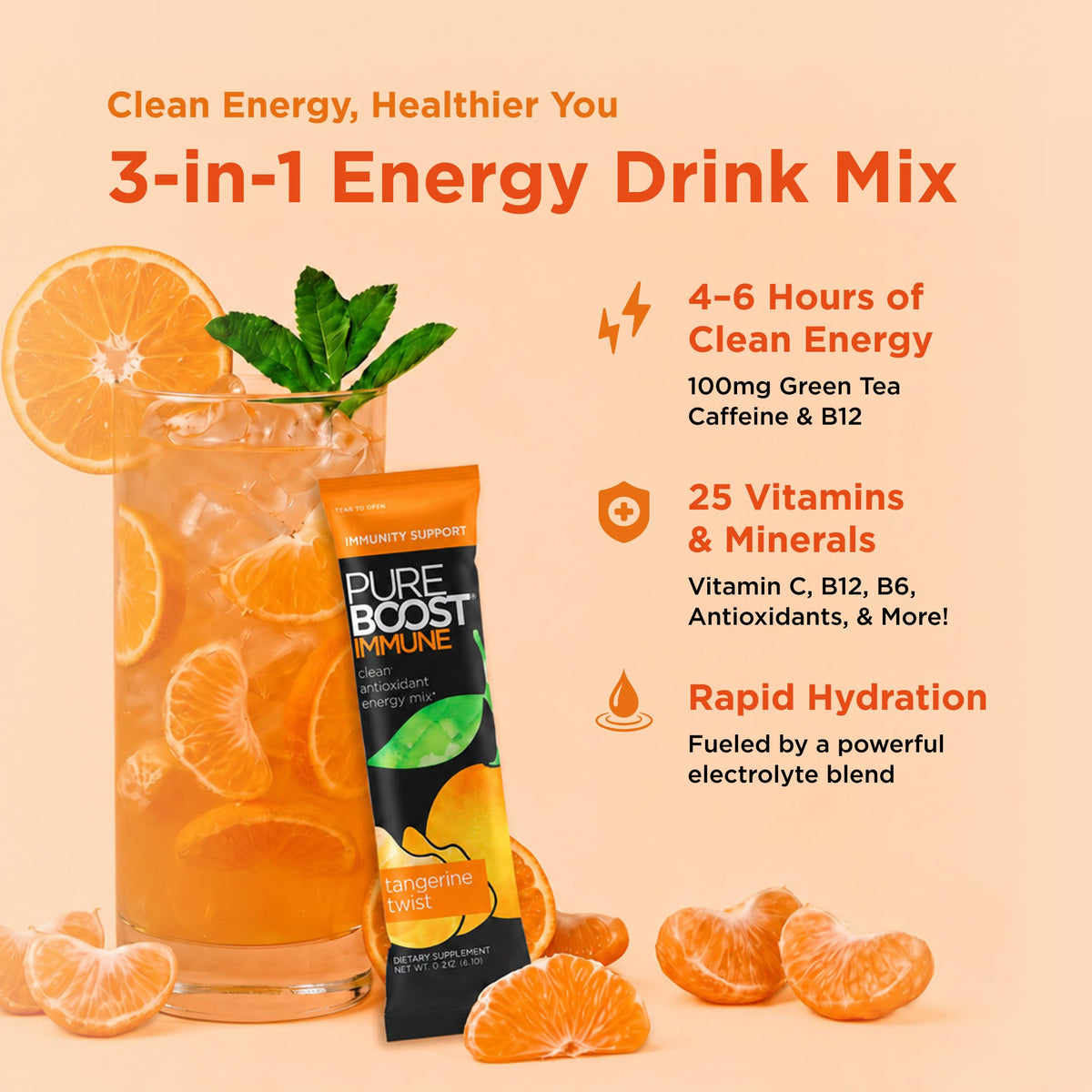 Pureboost Sugar-Free Immune Clean Energy Booster Drink Mix, Combo Pack 30ct