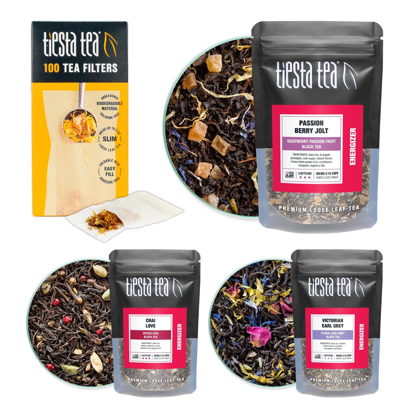 Tiesta Tea - Black Tea Starter Kit, Loose Leaf, Premium Black Gift Set, High Caffeinated, Make Hot or Iced, Variety Pack with 3 Samplers & 100