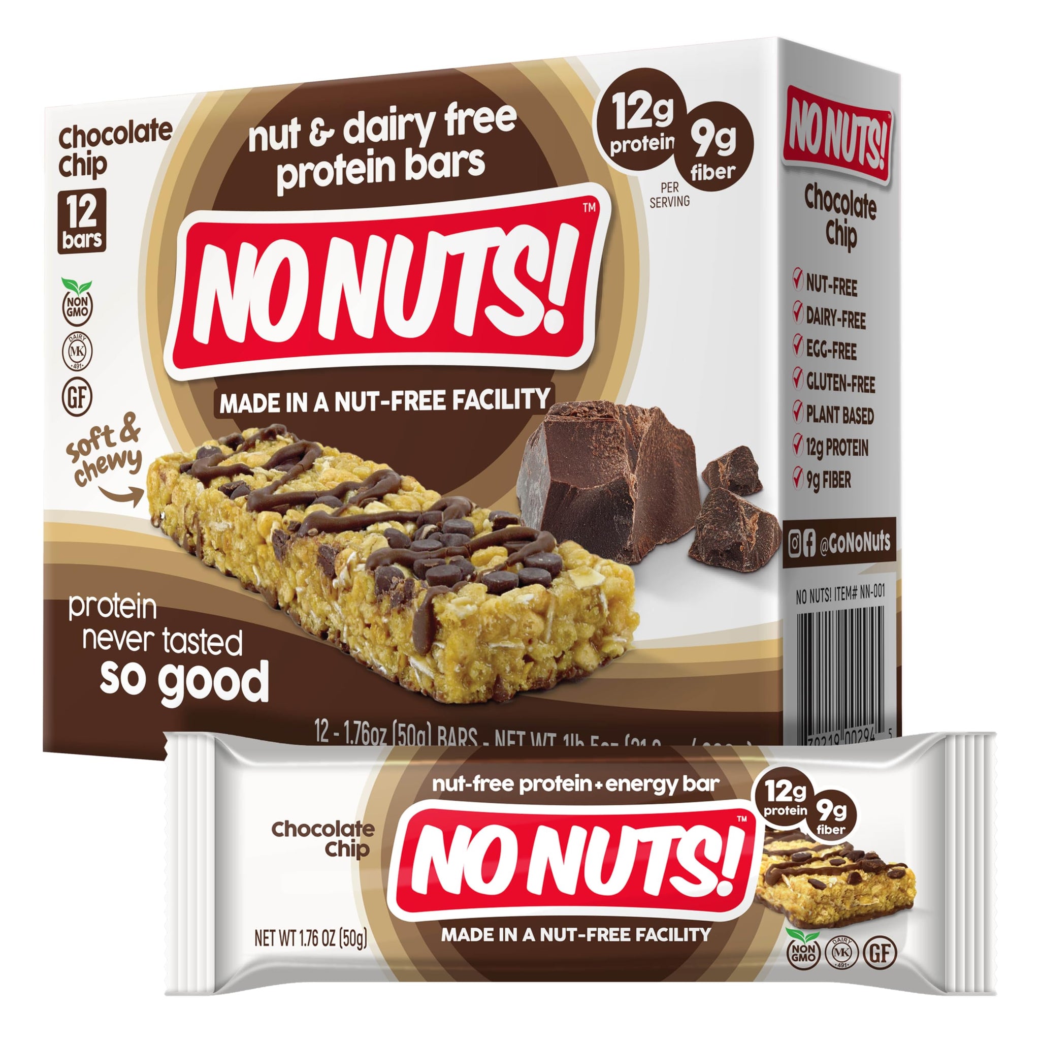 No Nuts! Chocolate Chip Protein Bars 100% Nut-Free & School-Safe | 12g Plant Protein, Vegan, Gluten-Free, Non-GMO, Organic, Kosher | 12 Count