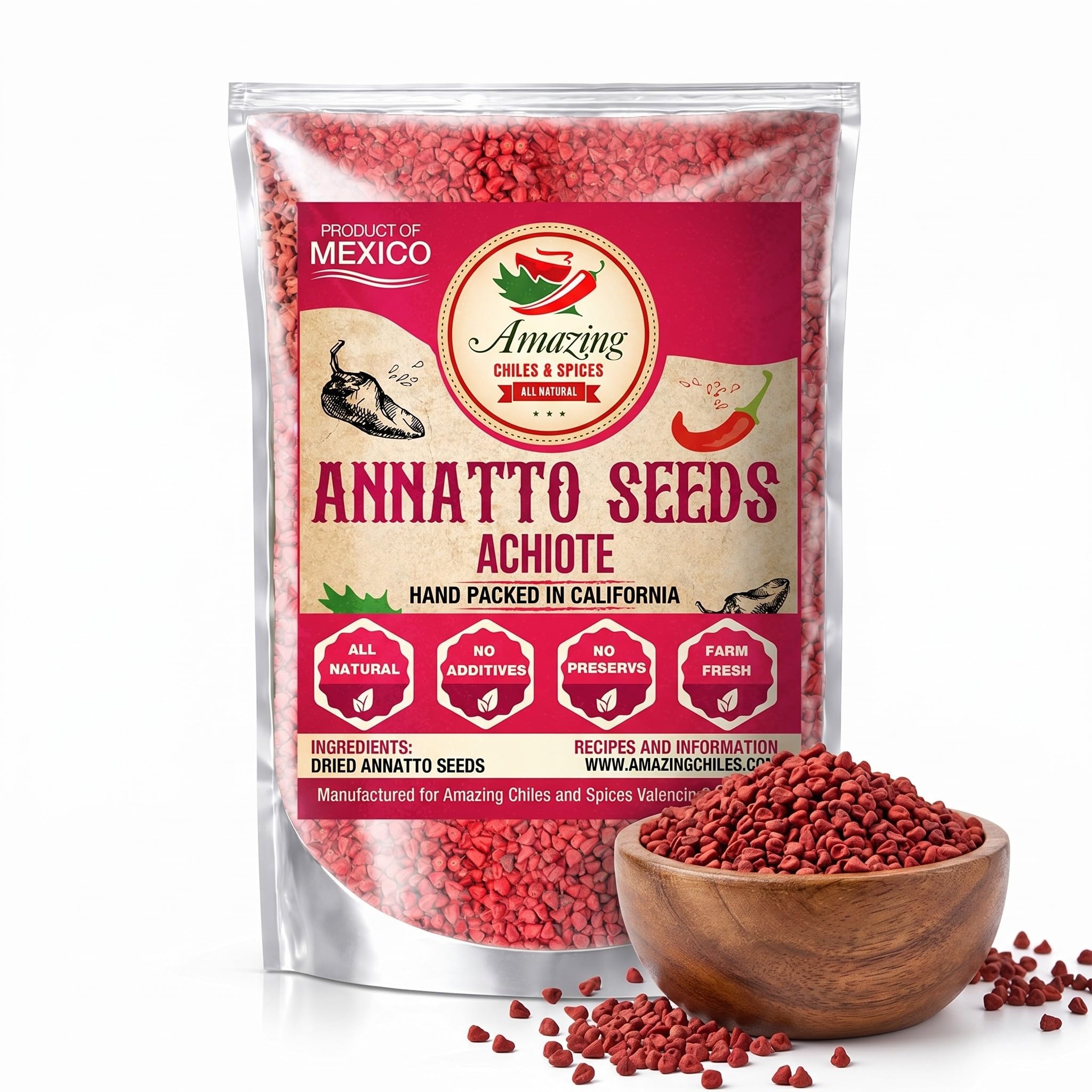 Achiote Seeds - Whole Annatto 4oz. Premium All Natural, Add Color and Mild Flavor in Soup, Stews, Meats and Mexican Recipes