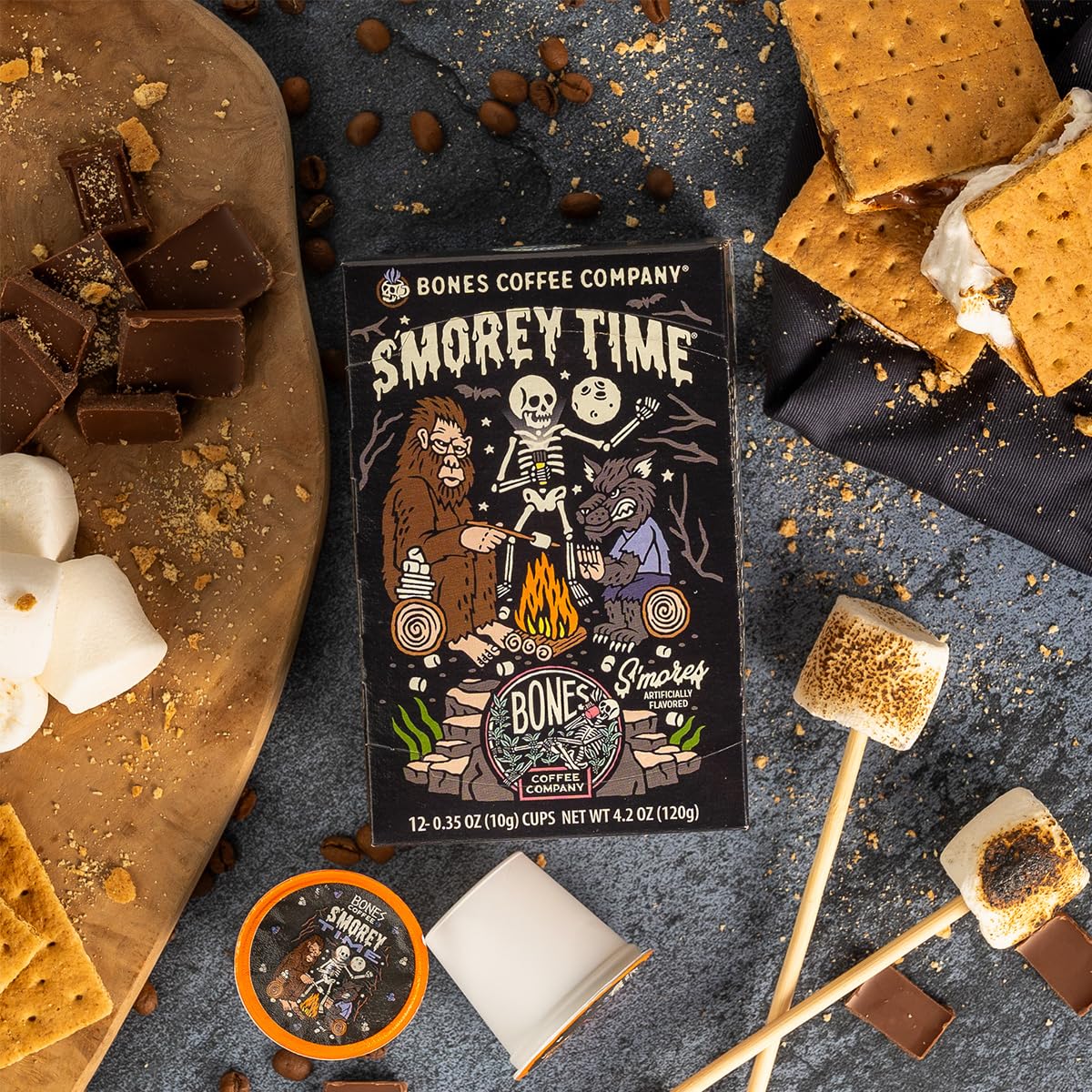 Bones Coffee Company Flavored Coffee Bones Cups S'morey Time S'mores and Graham Crackers | 12ct Single-Serve Coffee Pods Compatible with Keurig 1.0