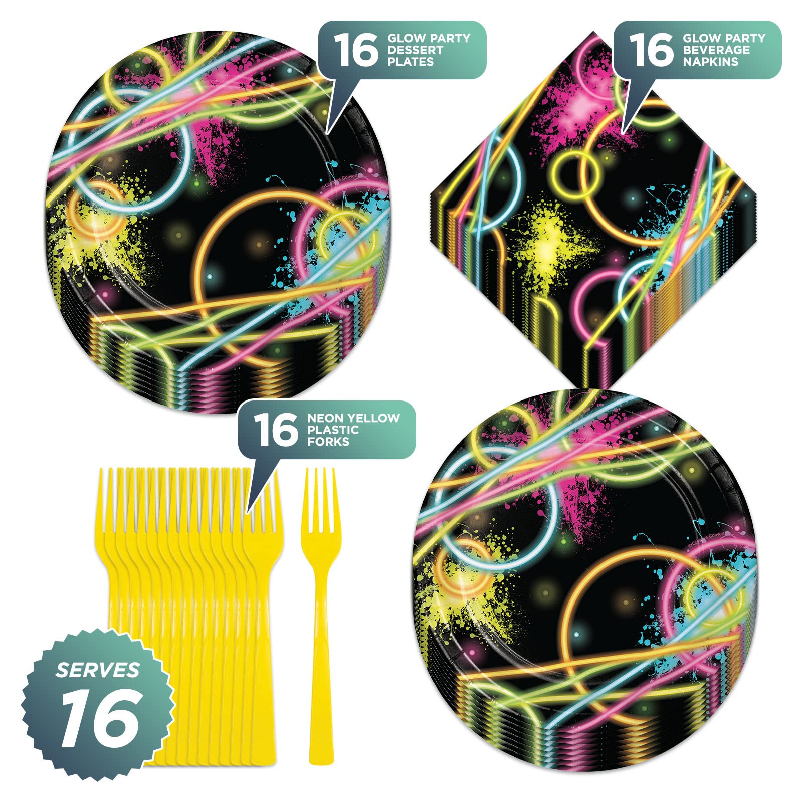 Glow Party Paper Dessert Plates, Beverage Napkins, and Forks (Serves 16)