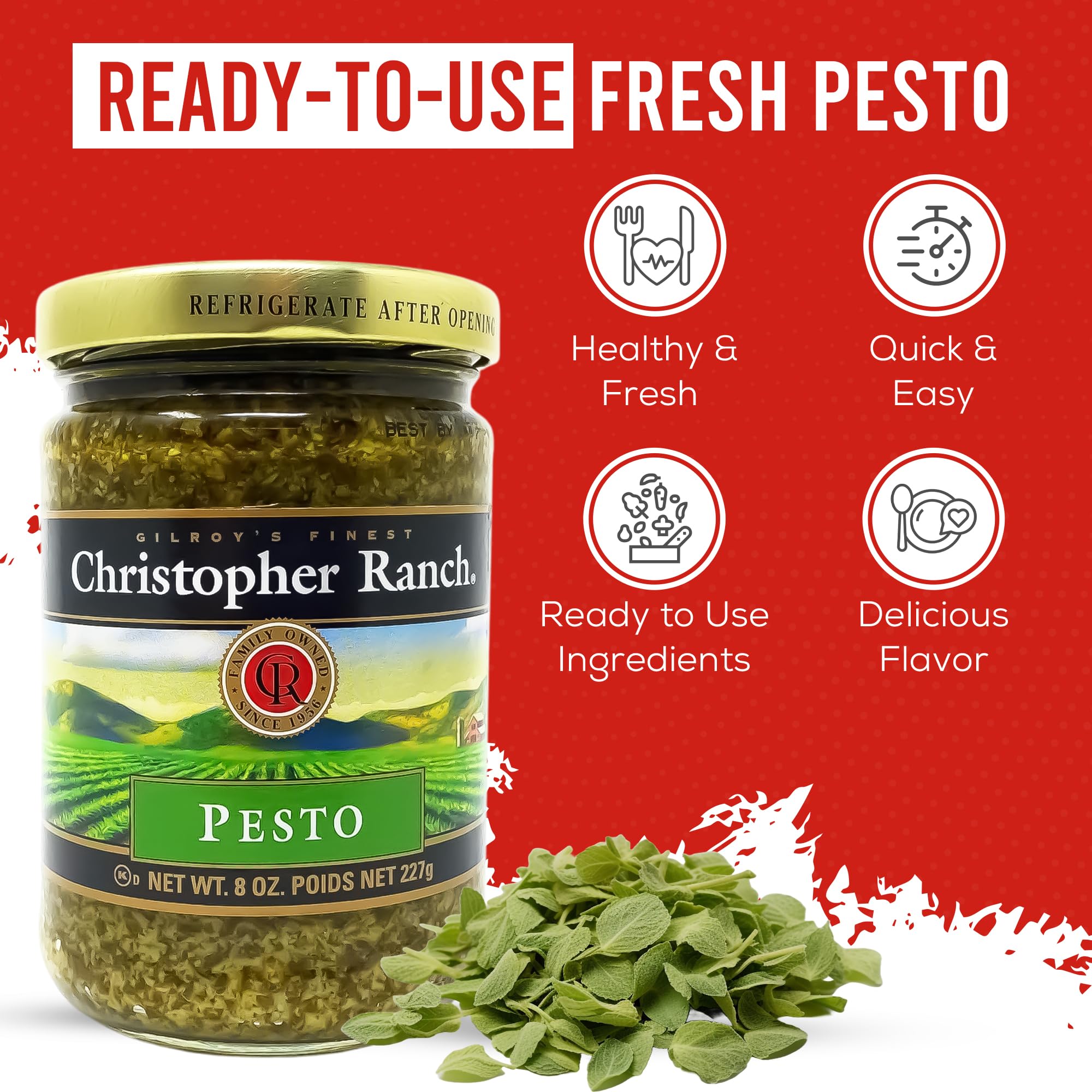 Christopher Ranch Gourmet Pesto Sauce | Fresh Basil, Almonds & Parmesan | Rich and Savory Garlic Blend | Perfect for Pasta, Pizza, Dips, and Roasting