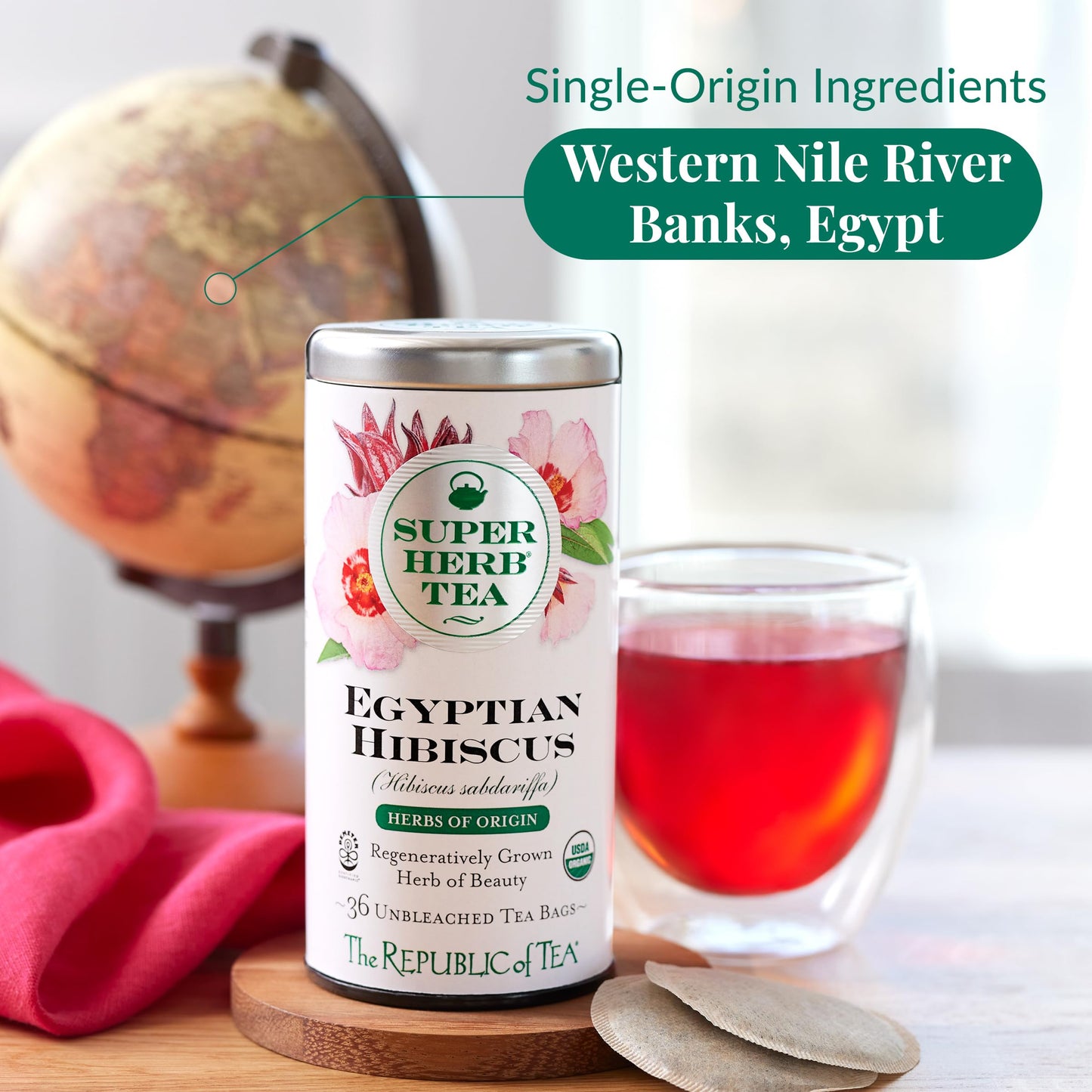 The Republic of Tea - Organic Egyptian Hibiscus SuperHerb Tea Tin, 36 Biodynamic Herbal Tea Bags, Naturally Caffeine-Free Herbs of Origin