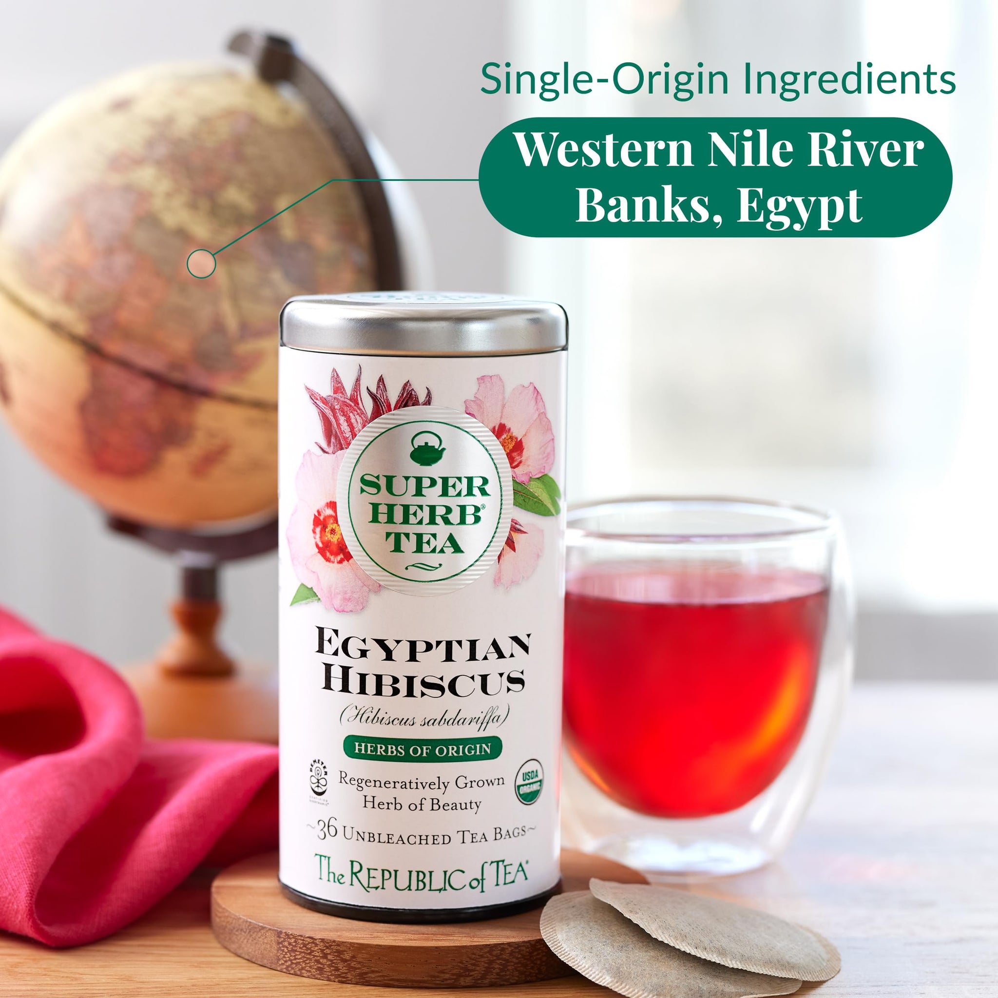 The Republic of Tea - Organic Egyptian Hibiscus SuperHerb Tea Tin, 36 Biodynamic Herbal Tea Bags, Naturally Caffeine-Free Herbs of Origin