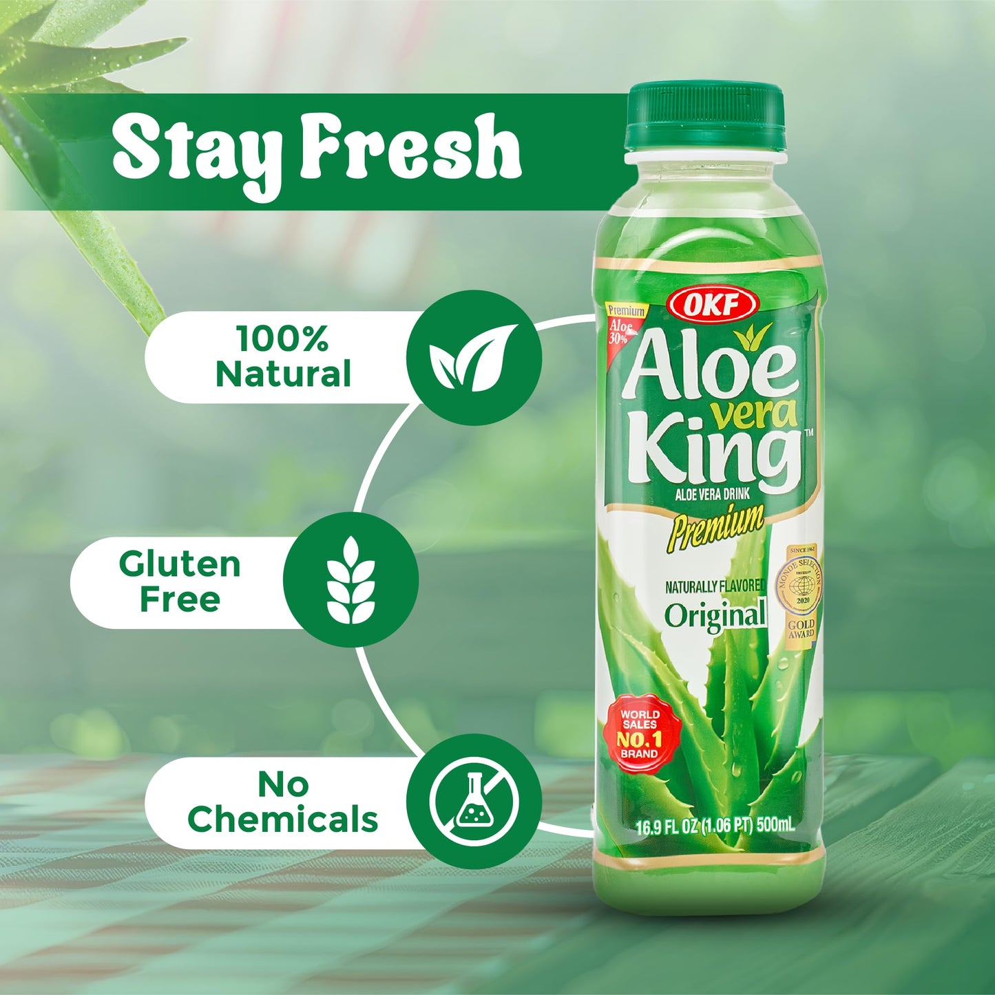 OKF CORPORATION Aloe Vera King Drink with Pure Aloe Pulp, Variety Flavors, 16.9 oz. (Original, Pack of 20), Korean Premium Health Beverage