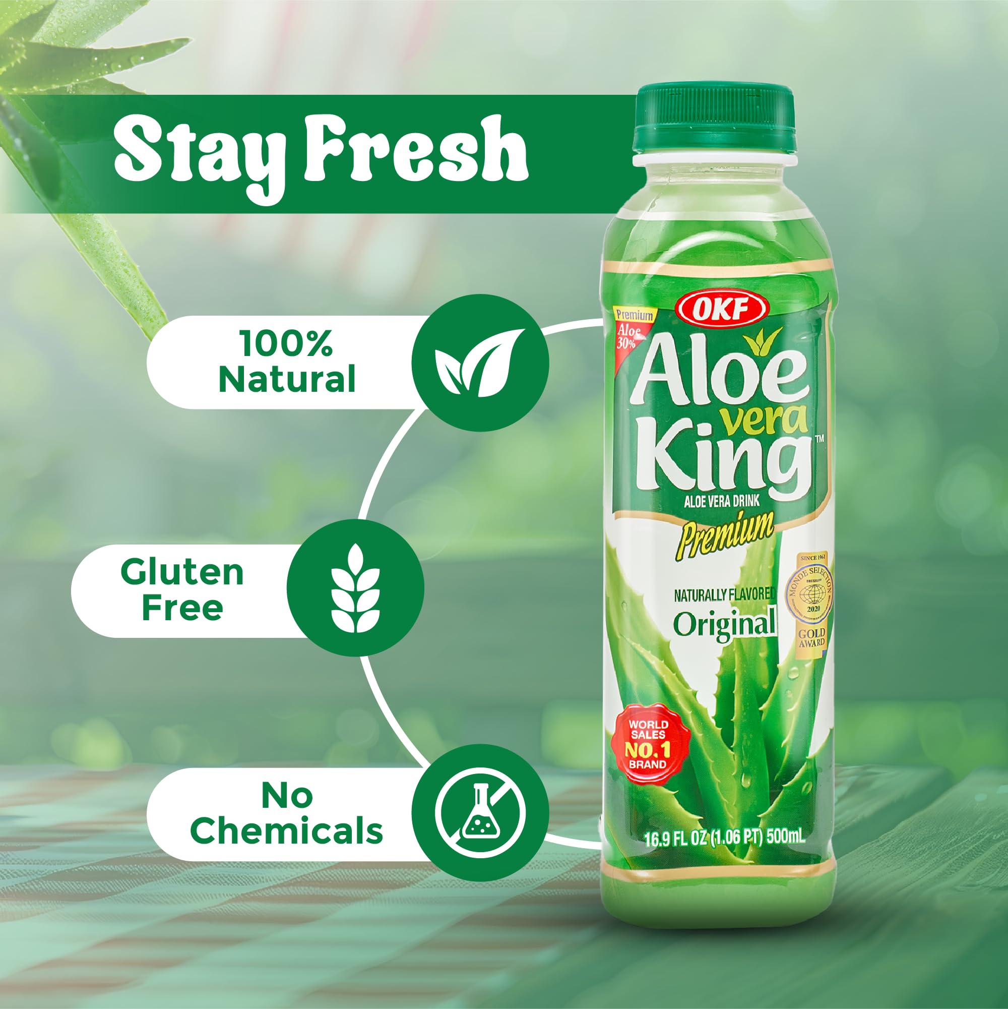 OKF CORPORATION Aloe Vera King Drink with Pure Aloe Pulp, Variety Flavors, 16.9 oz. (Original, Pack of 20), Korean Premium Health Beverage
