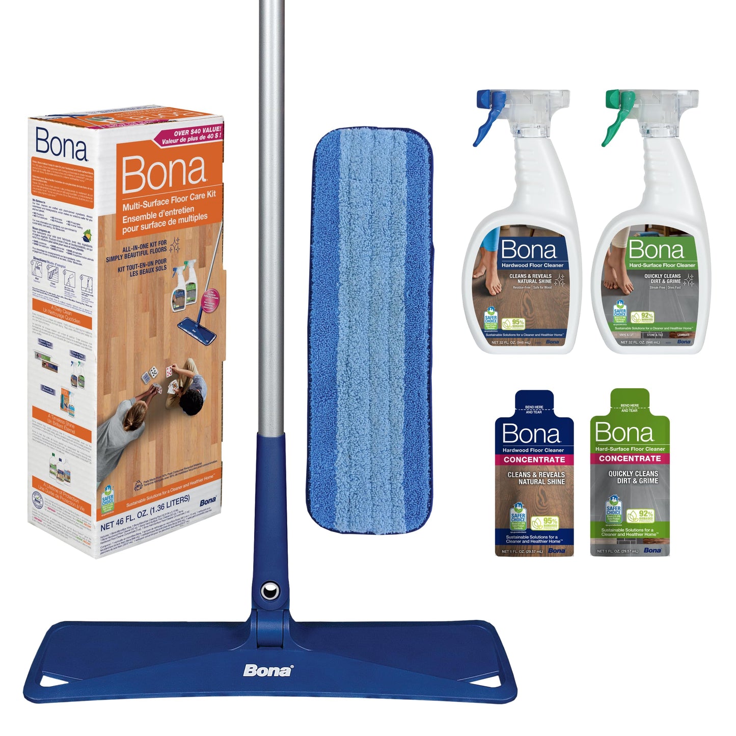 Bona Multi-Surface Floor Care Kit - Includes Microfiber Mop, Microfiber Cleaning Pad, Hardwood Floor Cleaning Solution, and Multi-Surface Floor