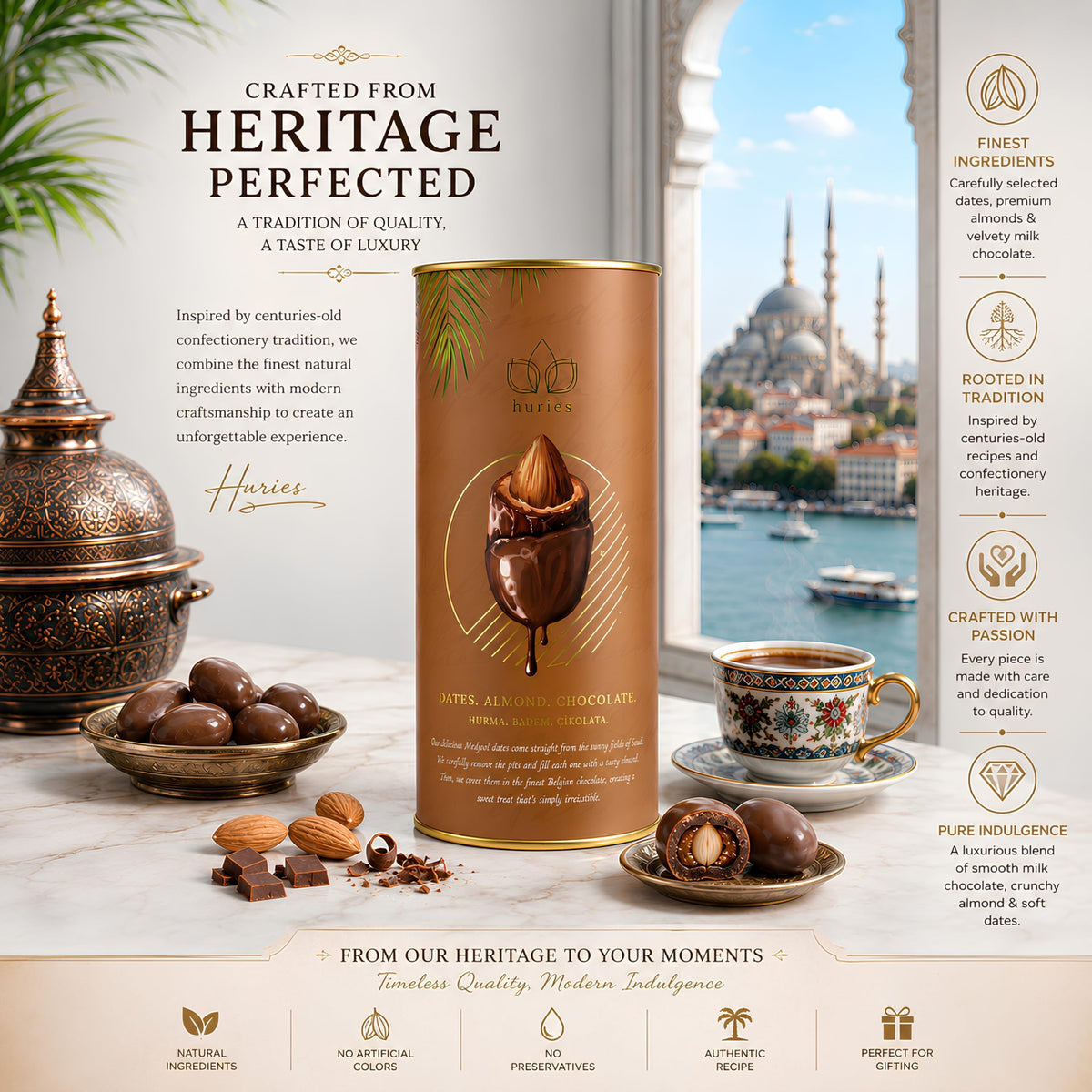 Huries Milk Chocolate Covered Dates with Almonds, Individually Wrapped Gourmet Stuffed Date Candy, Turkish Dessert Snack, 200 g