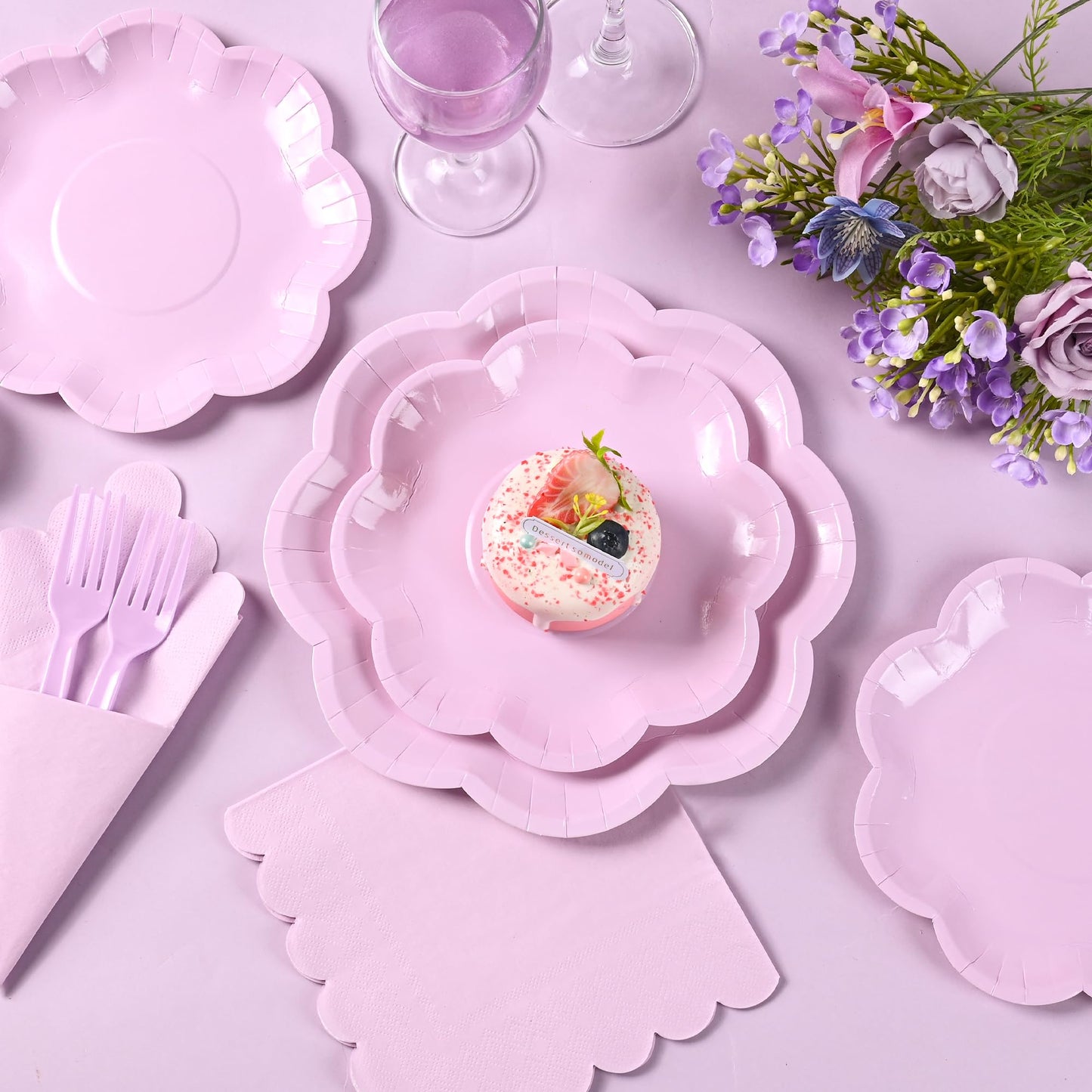 ZUQMZUQ 96 Pcs Purple Paper Plates and Napkins Set 9'' Mothers Day Plates, 7'' Dessert Plate, Plastic Forks, lavender Party supplies for Baby Shower