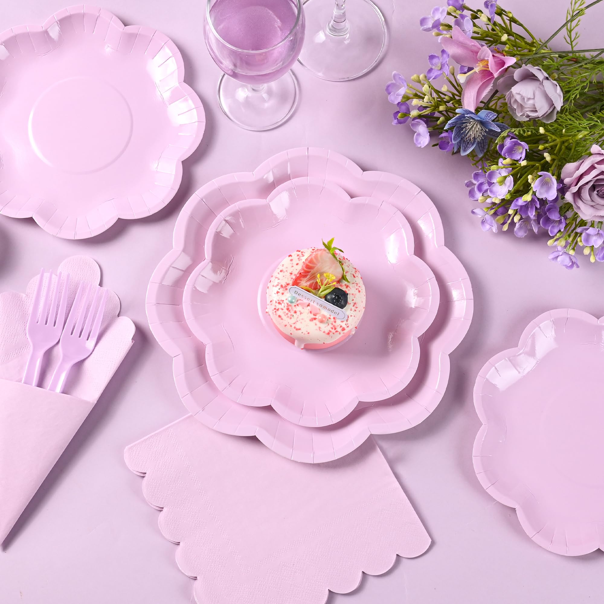 ZUQMZUQ 96 Pcs Purple Paper Plates and Napkins Set 9'' Mothers Day Plates, 7'' Dessert Plate, Plastic Forks, lavender Party supplies for Baby Shower