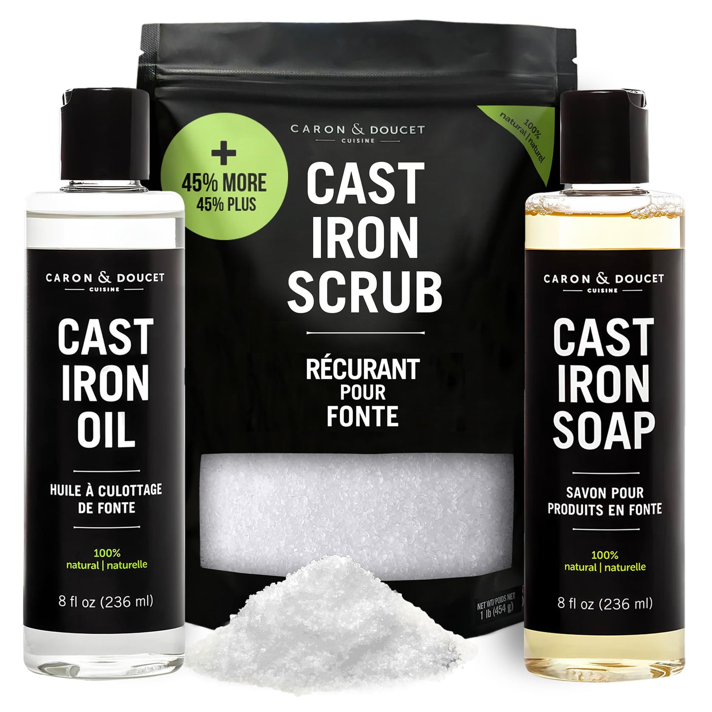 CARON & DOUCET - New Ultimate Cast Iron Set: Seasoning Oil, Cleaning Soap & Restoring Scrub | 100% Plant-Based & Best for Cleaning Care, Washing