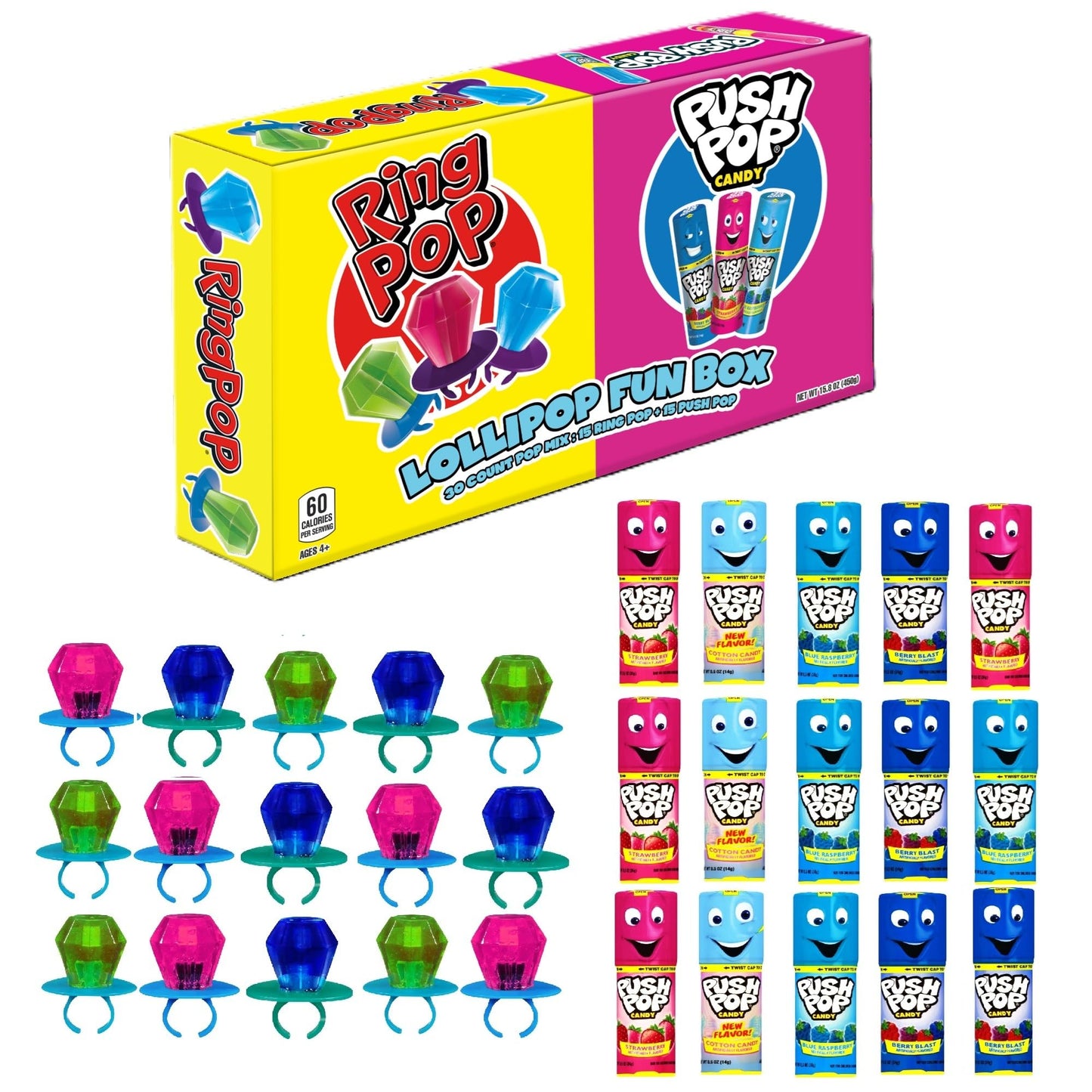 Bazooka Brands Candy Variety Pack, 30 Ct Bulk Individually Wrapped Hard Candy in Assorted Flavors from Push Pop and Ring Pop, Full Size, Fun Bulk