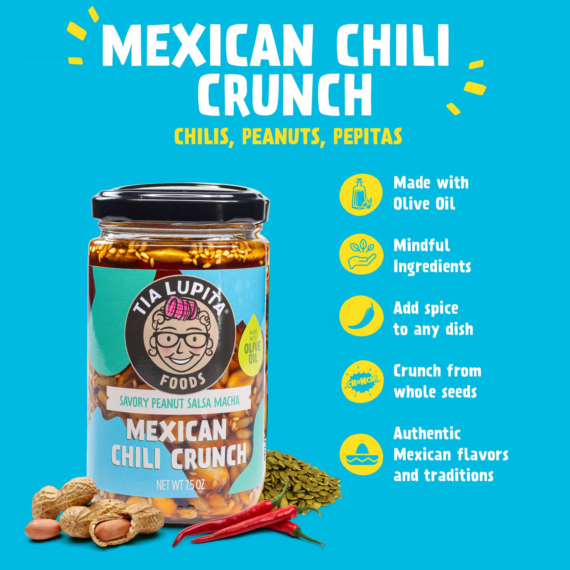 Tia Lupita Mexican Chili Crunch Peanut - Salsa Macha, Crunchy Morita Chili Oil | Gluten-Free, Non-GMO, Vegan | 7.5 Oz (Pack of 2)