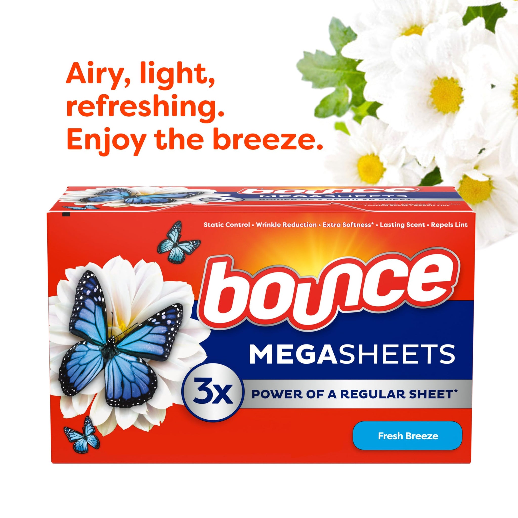 Bounce Mega Dryer Sheets, Fresh Breeze, 130 Count, Mega Fabric Softener Sheets with Static Control, Wrinkle Reduction, Extra Softness, Lasting Scent