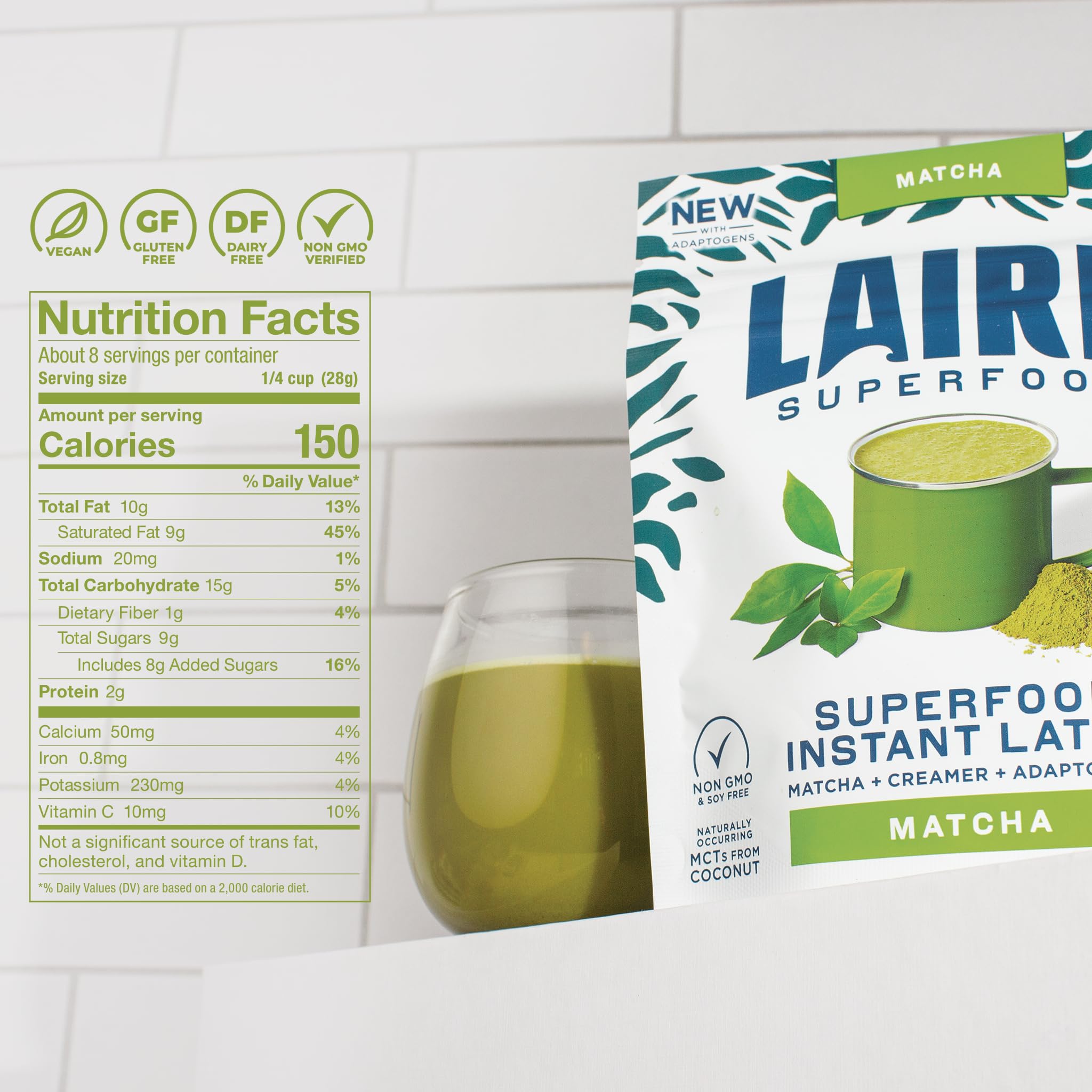 Laird Superfood Matcha Instant Latte with Adaptogens - Matcha Latte Green Tea Powder Packed with Antioxidants and Superfood Coconut Creamer - Gluten