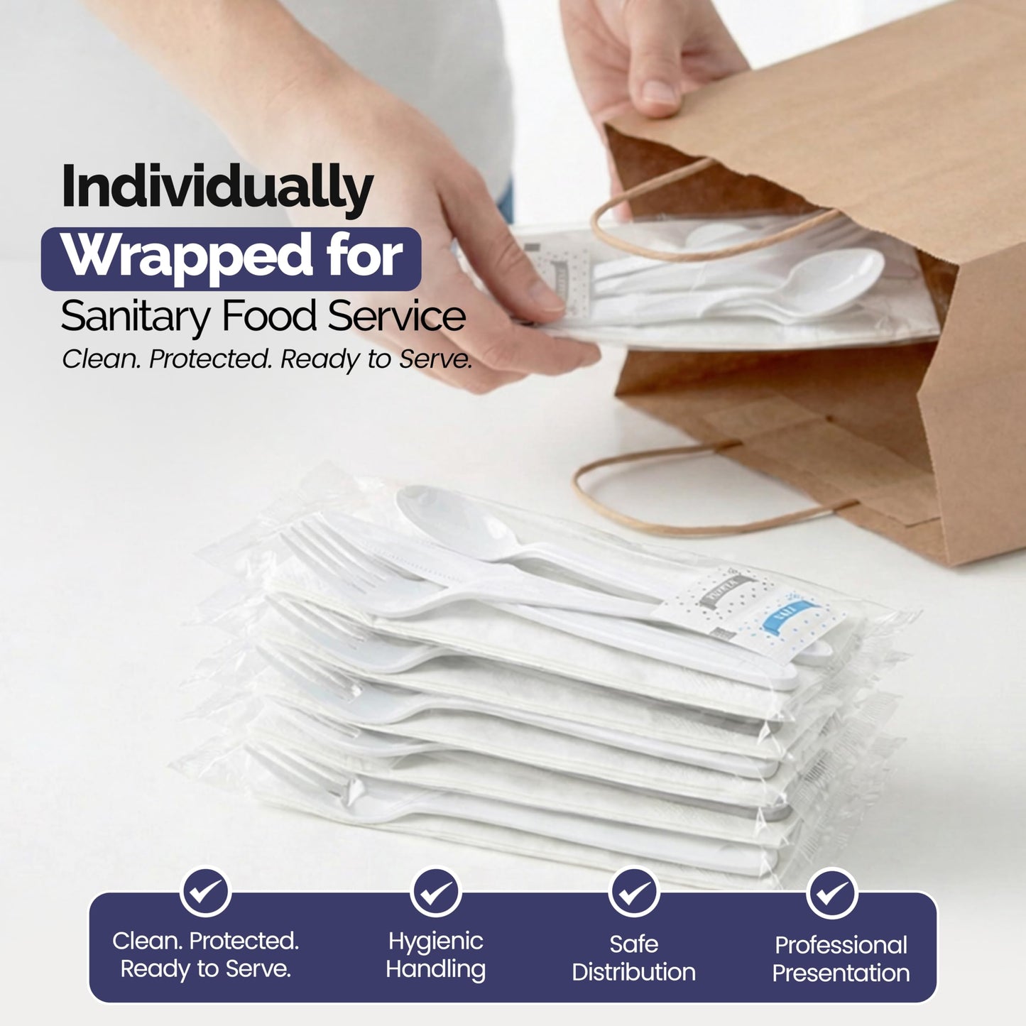 White Disposable Cutlery Set with Fork, Knife, Spoon, Napkin & Salt & Pepper - Medium-Weight Plastic Cutlery for Reliable Dining- Disposable Cutlery
