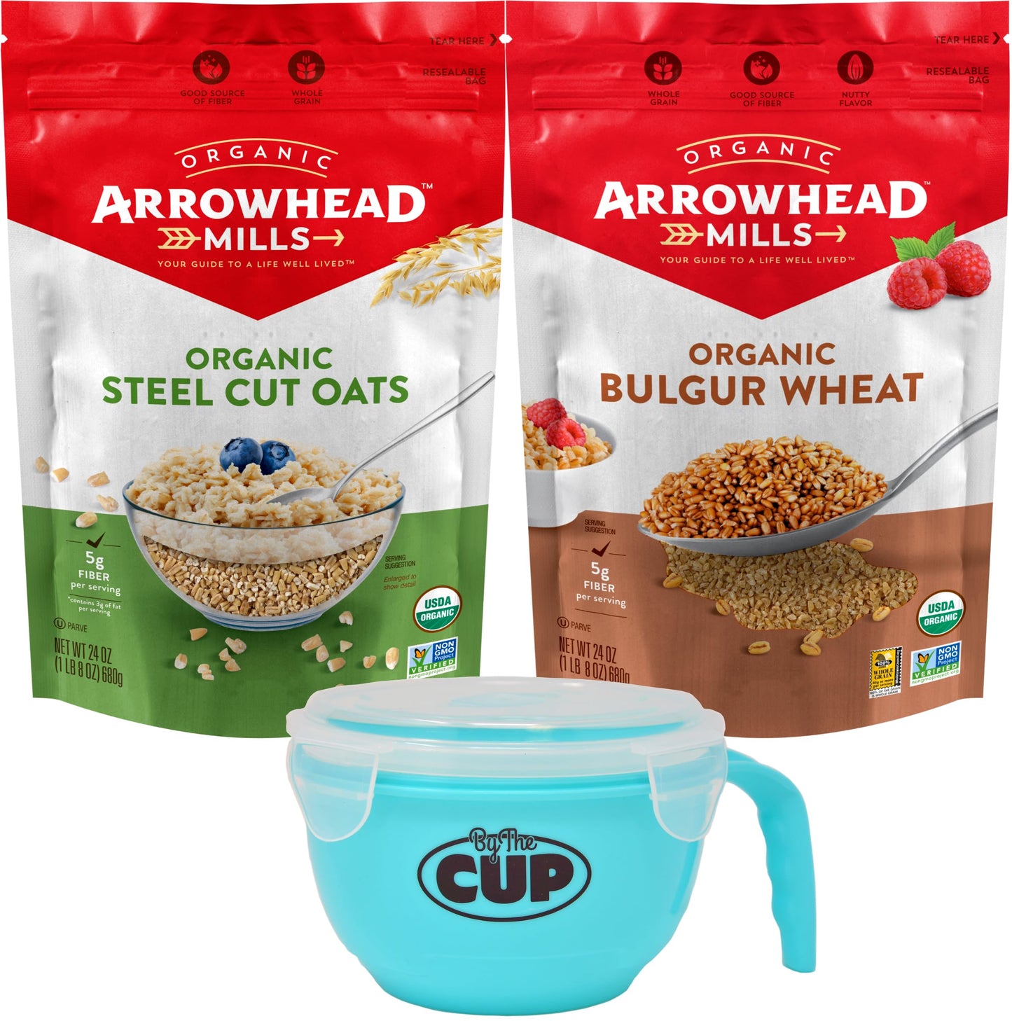 Arrowhead Mills Breakfast Variety, 1 of each: Steel Cut Oats and Bulgur Wheat, USDA Organic, Non-GMO, 24 oz (Pack of 2) with By The Cup Cereal Bowl