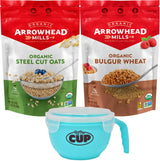 Arrowhead Mills Breakfast Variety, 1 of each: Steel Cut Oats and Bulgur Wheat, USDA Organic, Non-GMO, 24 oz (Pack of 2) with By The Cup Cereal Bowl
