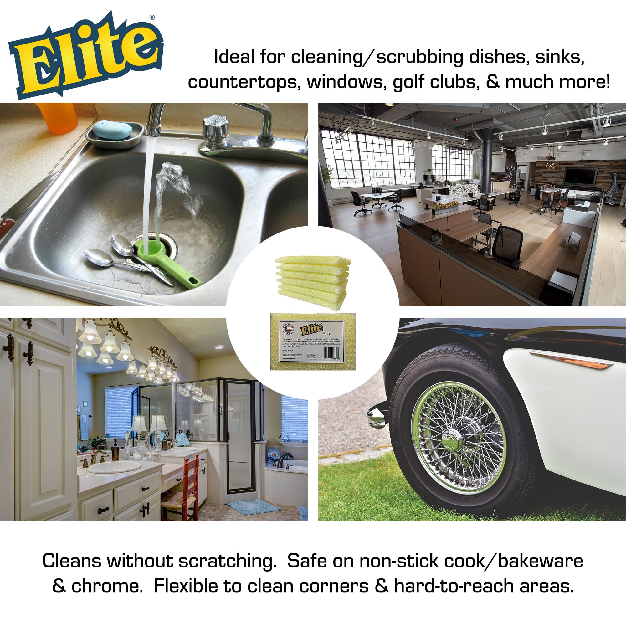 Elite PRO All Purpose Cleaning Pad, 6 Pack, Non Scratch, Dish Sponge, Scrubber, Made in USA. Large Thin Sponge for Kitchen and Household Use. Flexible